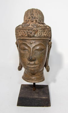Antique Cast Bronze Buddha Head on Stand 19th C.