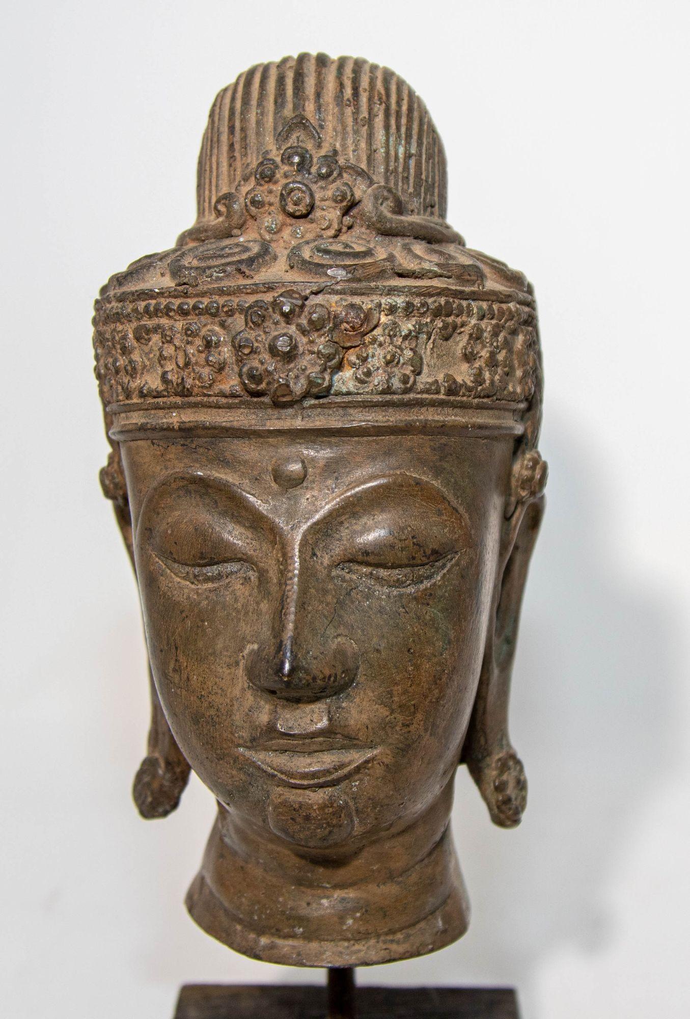 Tibetan Antique Cast Bronze Buddha Head on Stand 19th C.