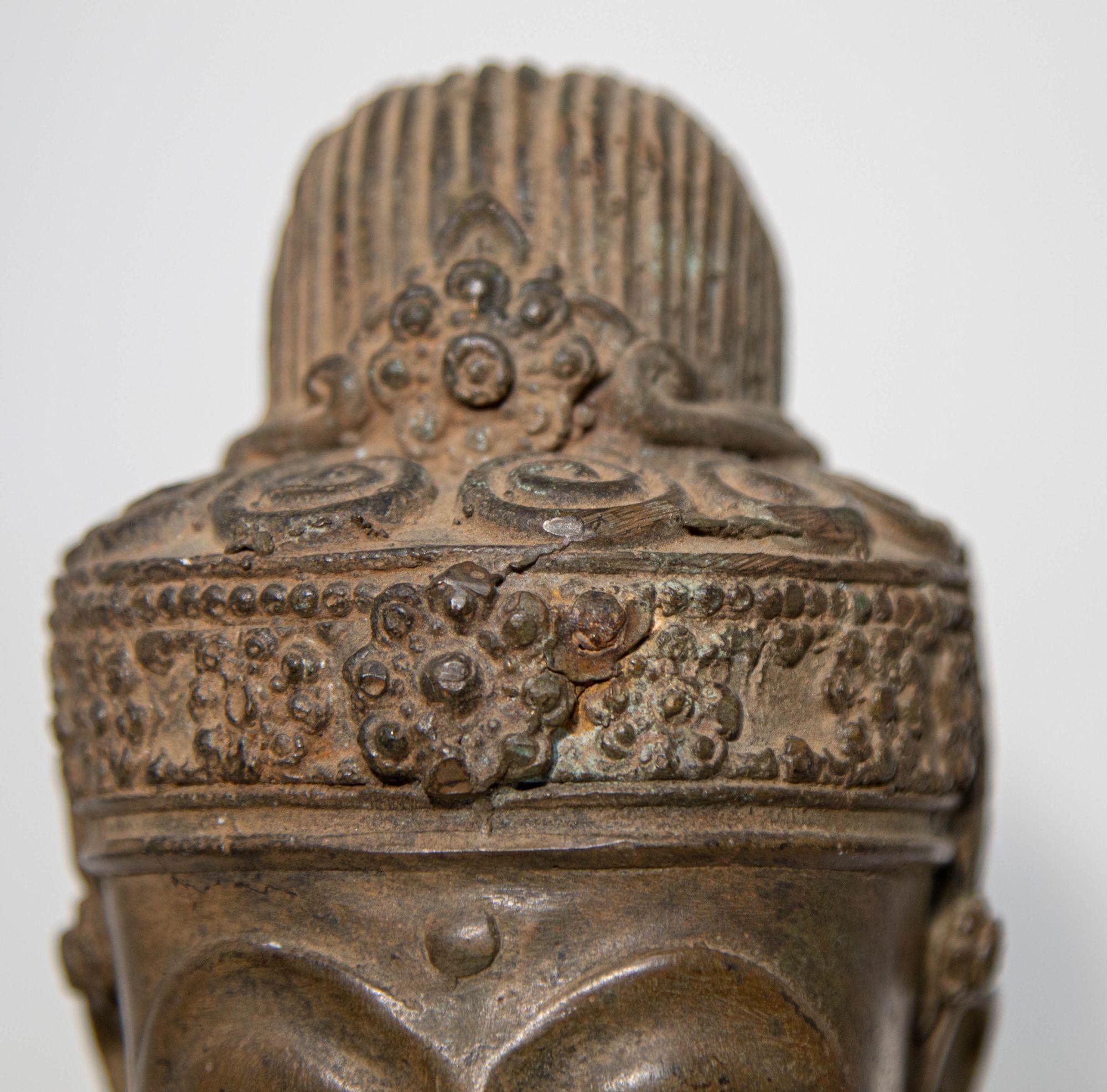 Thai Antique Cast Bronze Buddha Head on Stand 19th C.