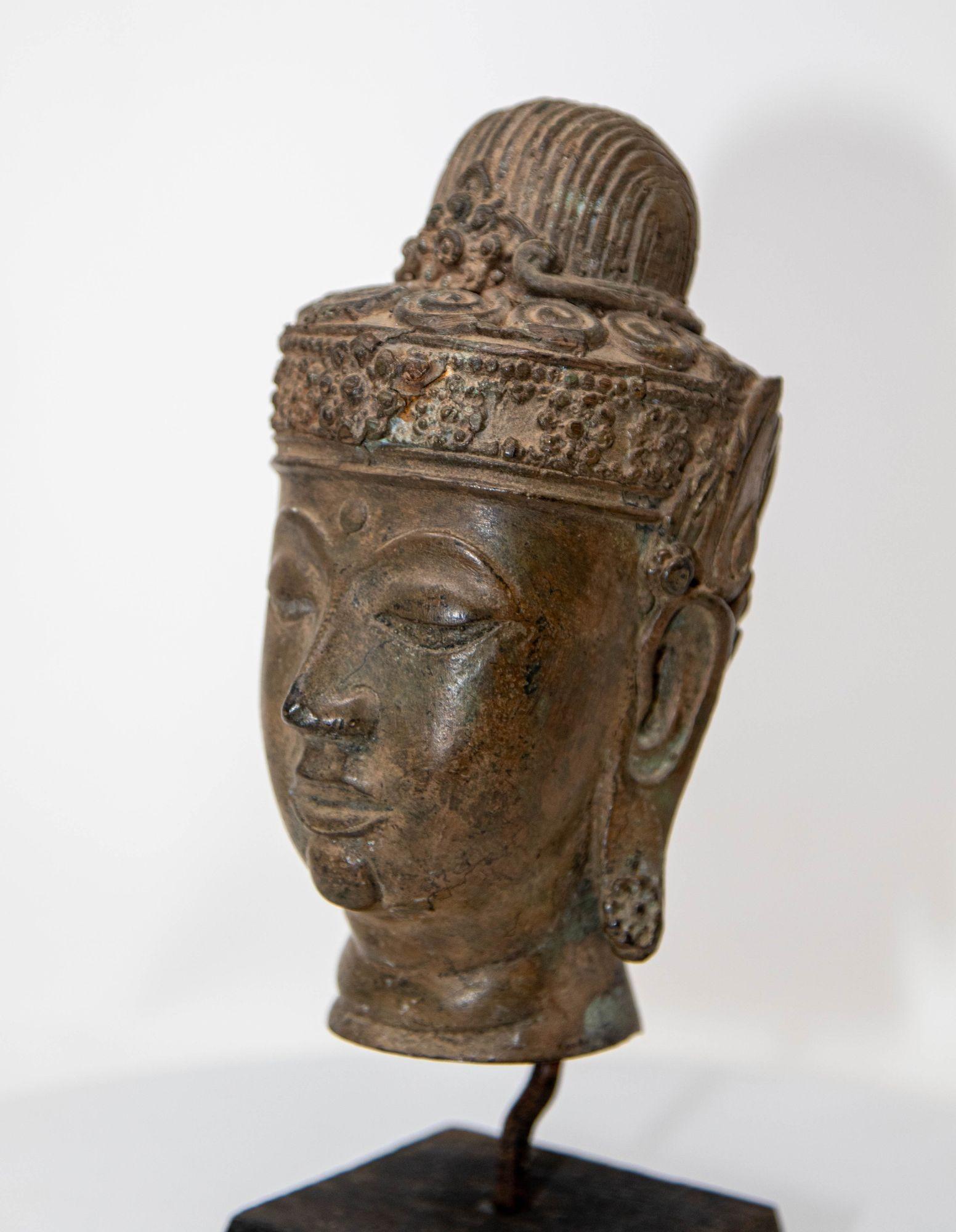 19th Century Antique Cast Bronze Buddha Head on Stand 19th C.