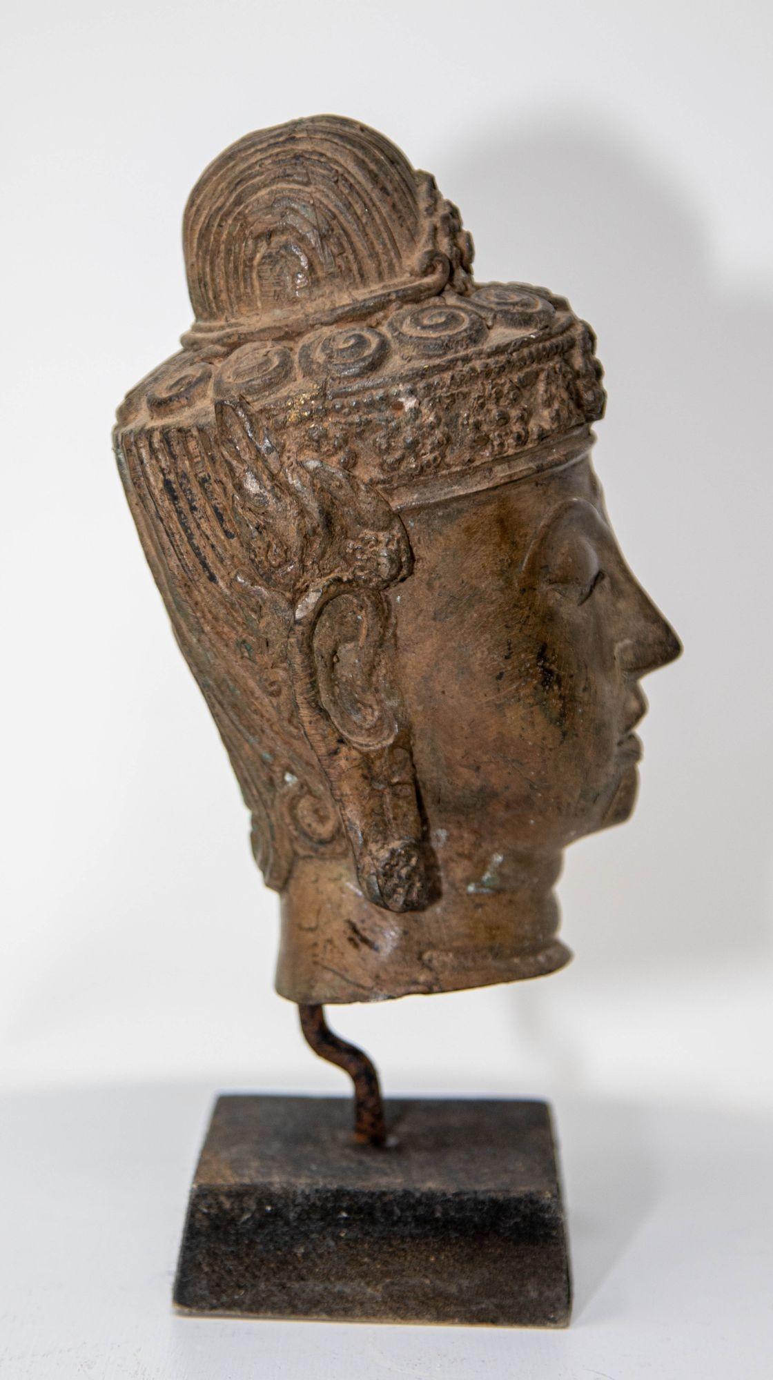 Antique Cast Bronze Buddha Head on Stand 19th C. 1