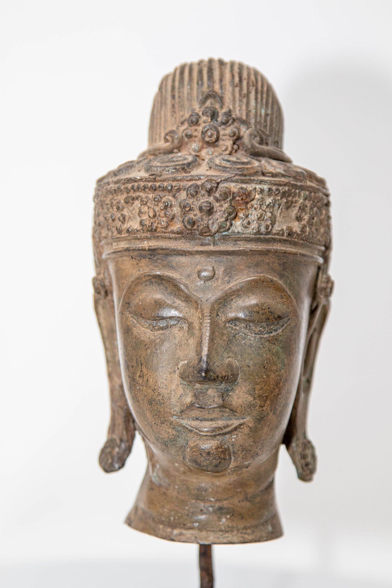 Antique Cast Bronze Buddha Head on Stand 19th C. 3