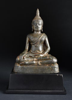 Antique Cast Bronze Buddha Sculpture, Southeast Asian, 13th Century, Gilded