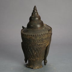 Antique Cast Bronze Crowned Tibetan Buddha Head 18thC