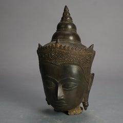 Antique Cast Bronze Crowned Tibetan Buddha Head 18thC
