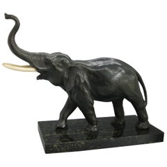 Antique Cast Bronze Elephant Figural Statue Sculpture on Marble Base