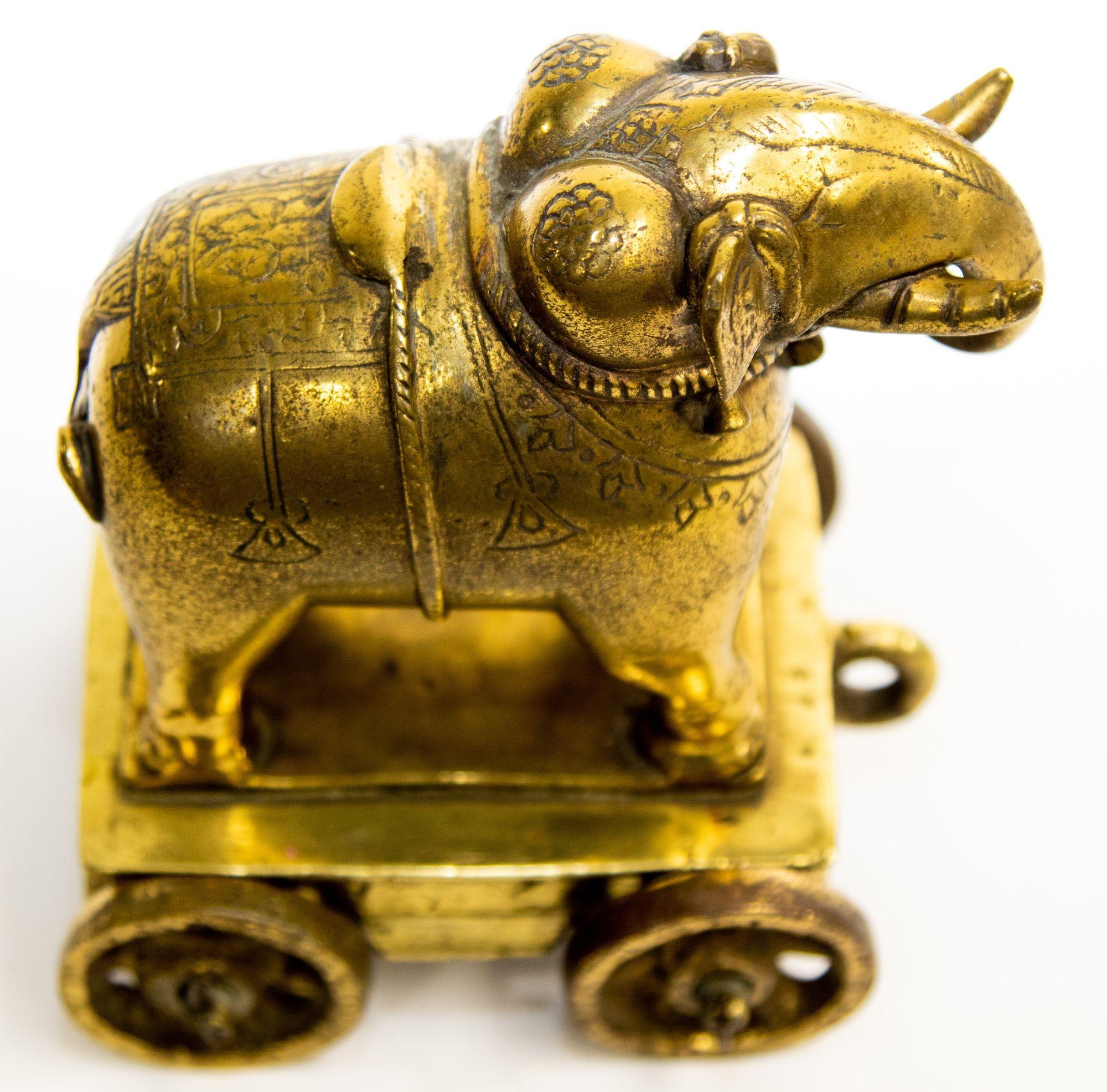 Antique Cast Bronze Elephant Temple Toy on Wheels 4