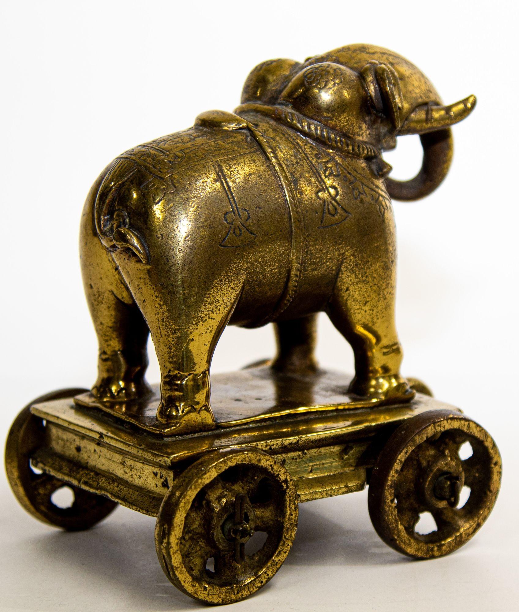 20th Century Antique Cast Bronze Elephant Temple Toy on Wheels
