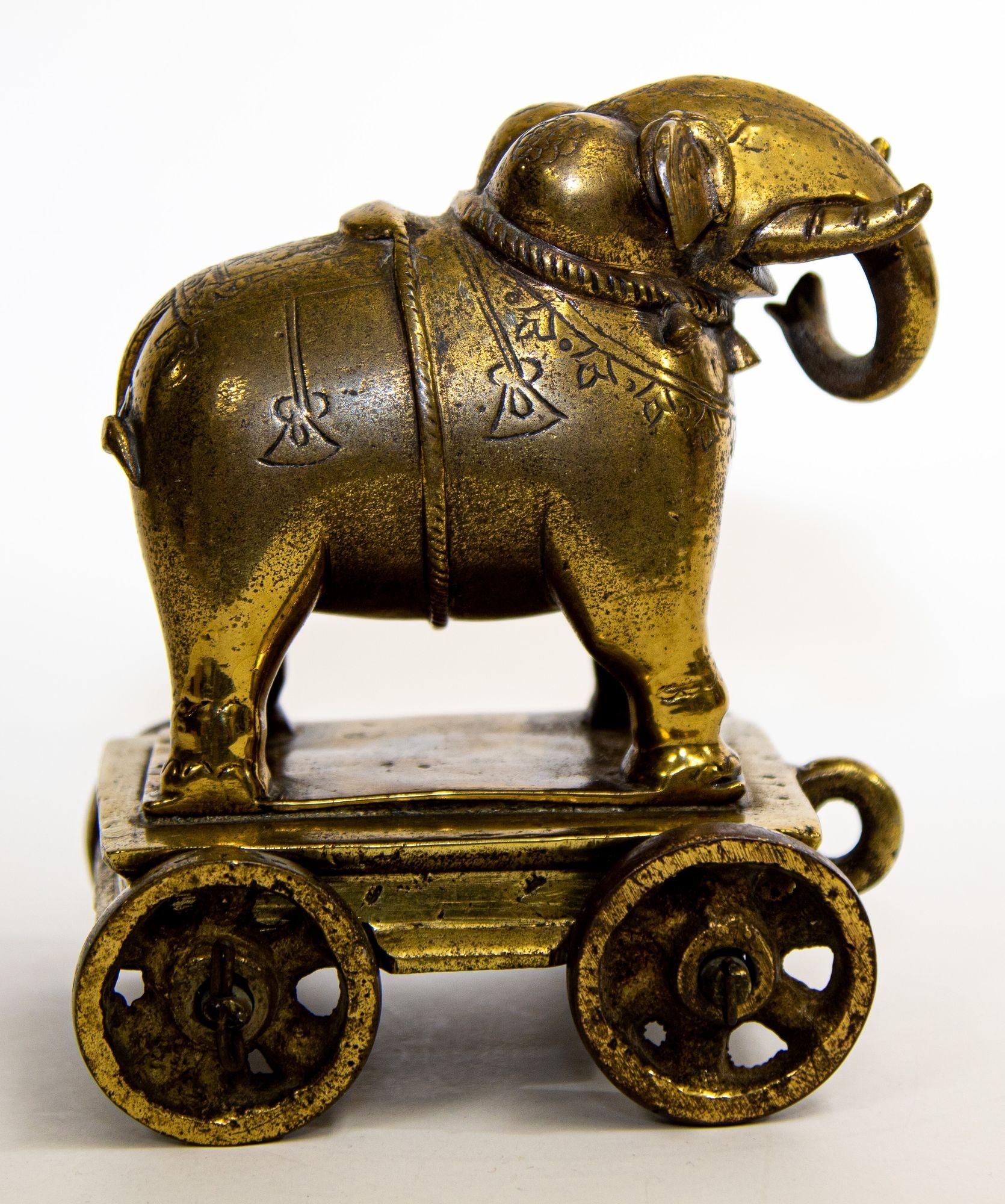 Metal Antique Cast Bronze Elephant Temple Toy on Wheels