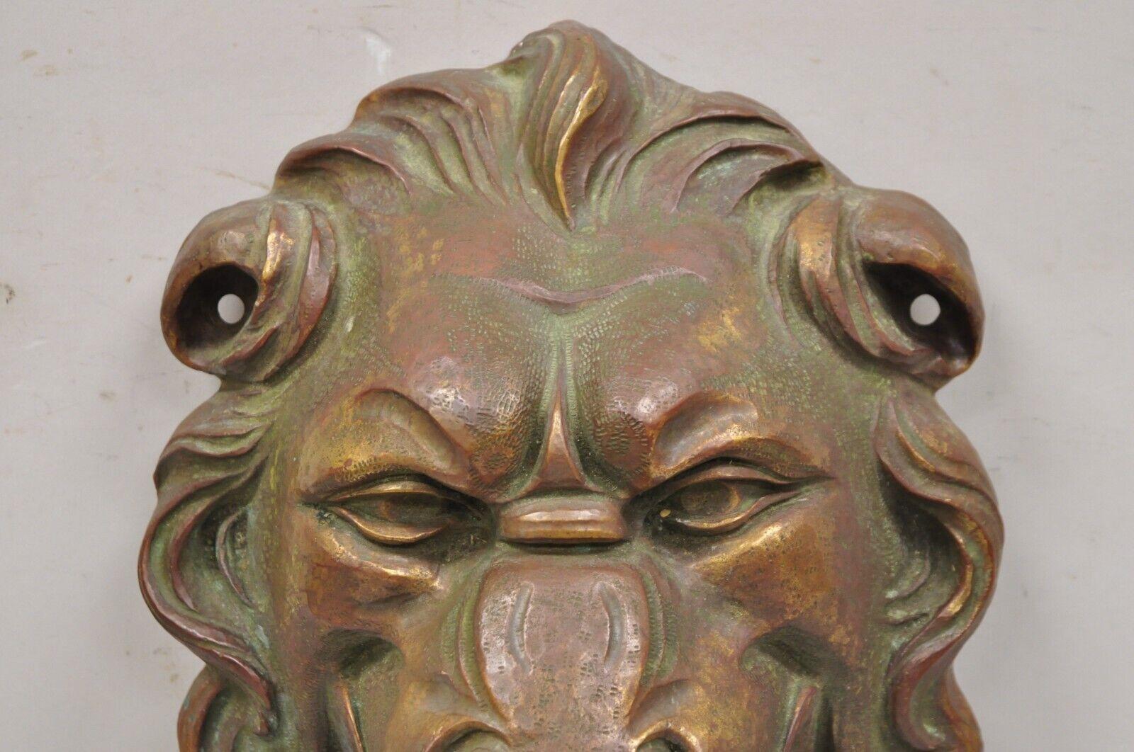 20th Century Antique Cast Bronze English Regency Lion Head Garden Wall Mounted Fountain Plate For Sale