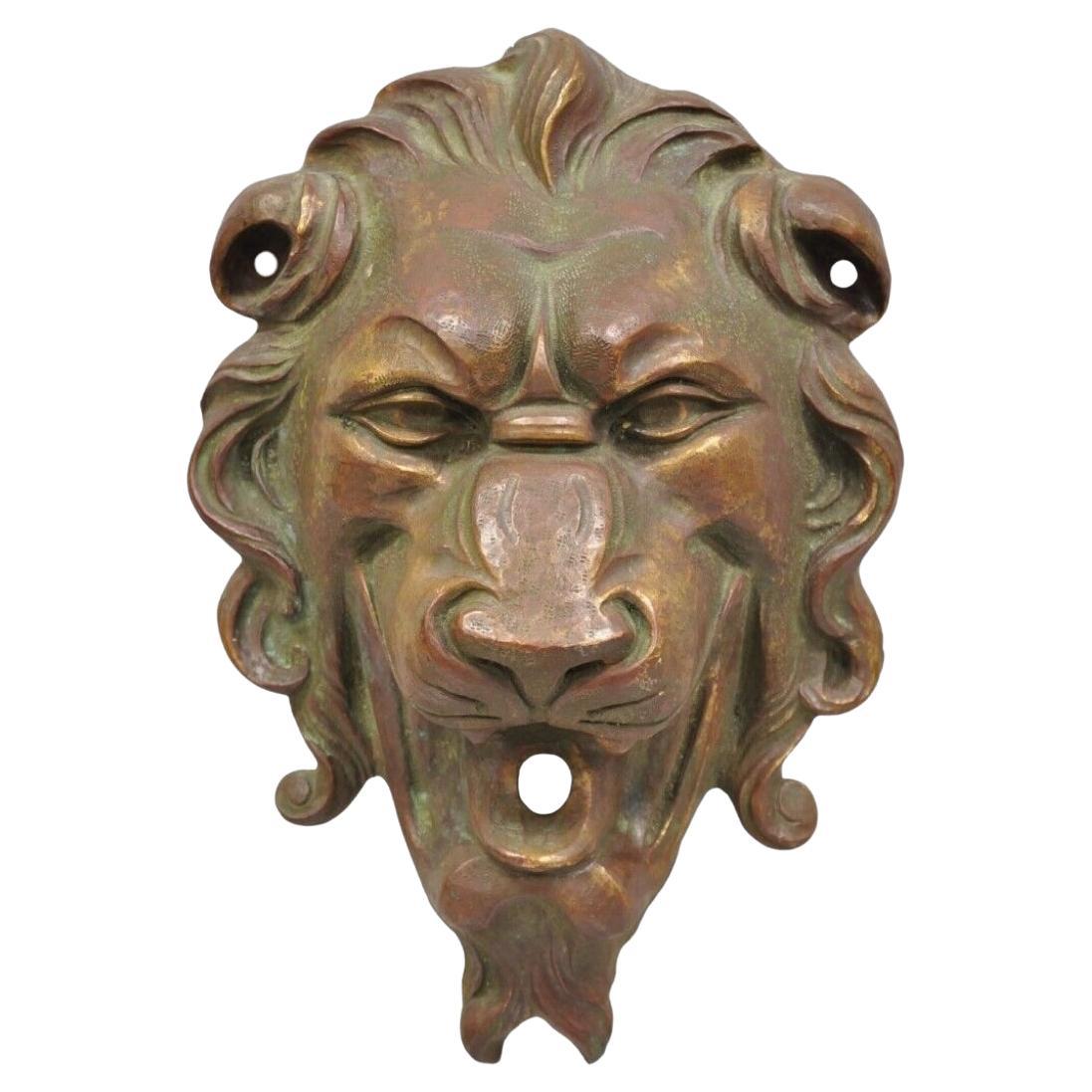 Antique Cast Bronze English Regency Lion Head Garden Wall Mounted Fountain Plate For Sale