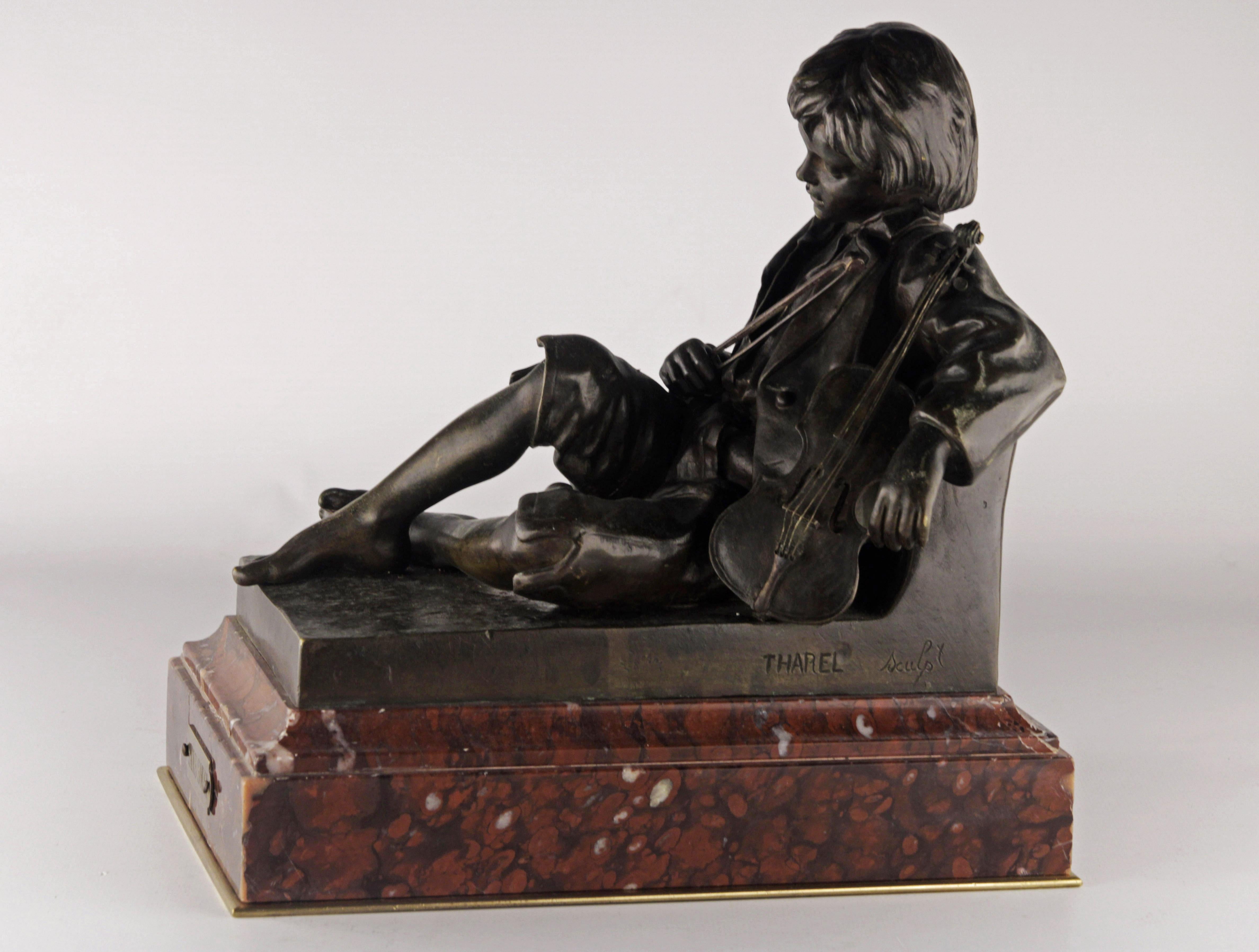 Patinated French Bronze Sculpture of Violinist 