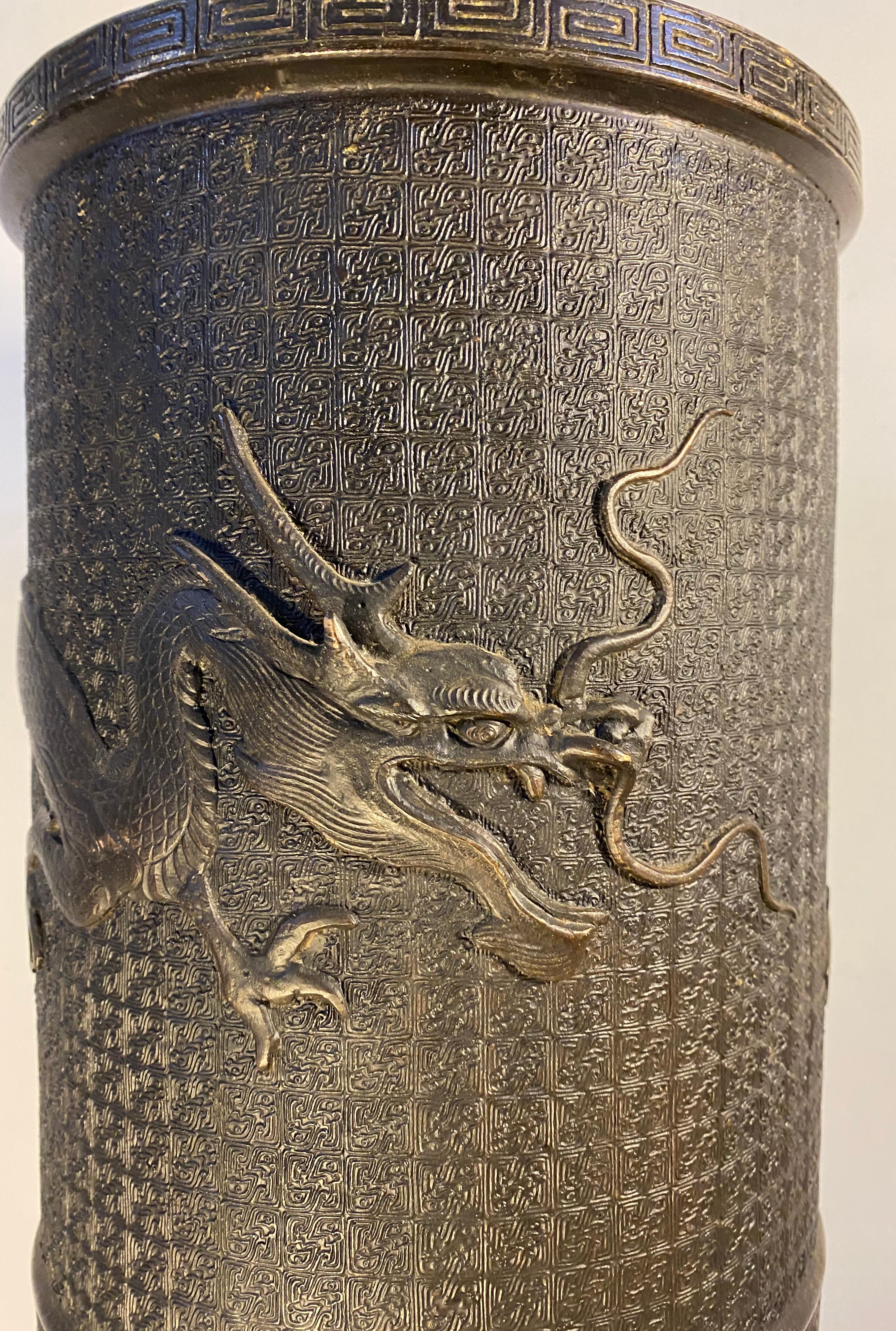 Antique Cast Bronze Japanese Umbrella / Cane Stand with Dragon Motif In Good Condition In San Francisco, CA