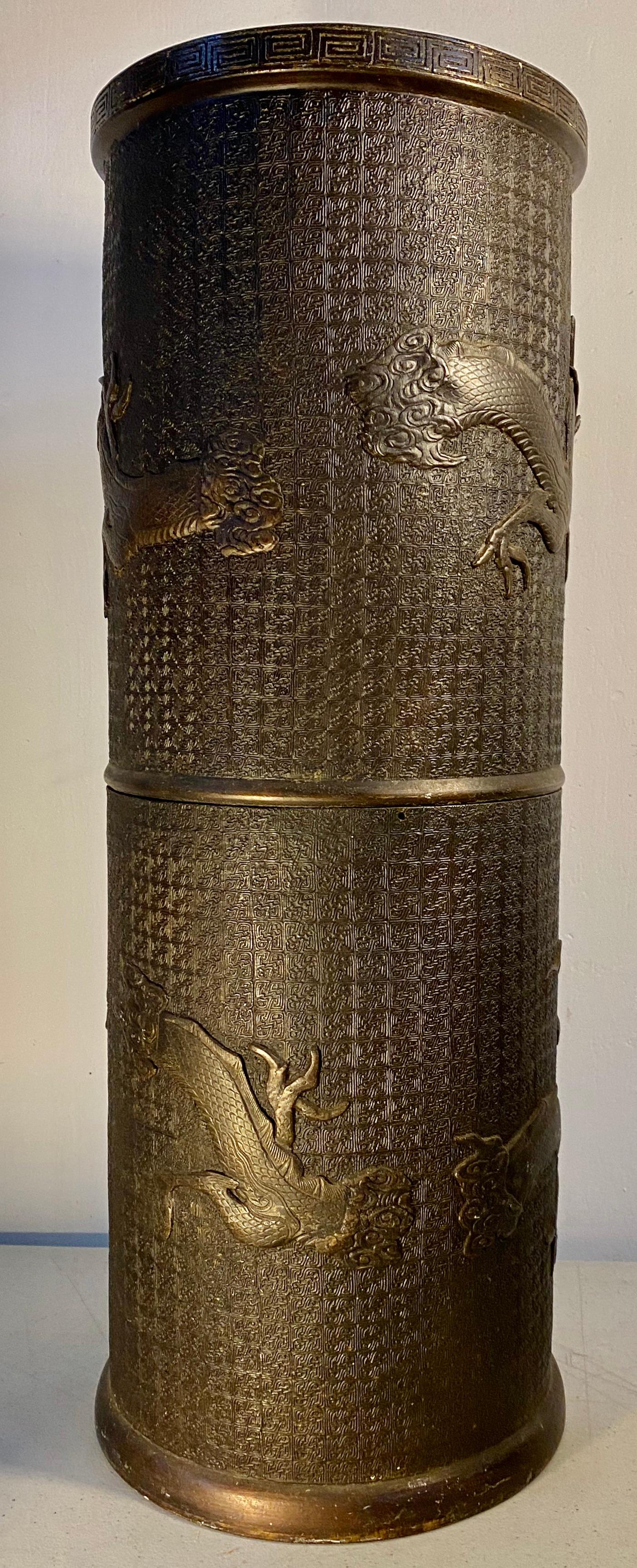 20th Century Antique Cast Bronze Japanese Umbrella / Cane Stand with Dragon Motif