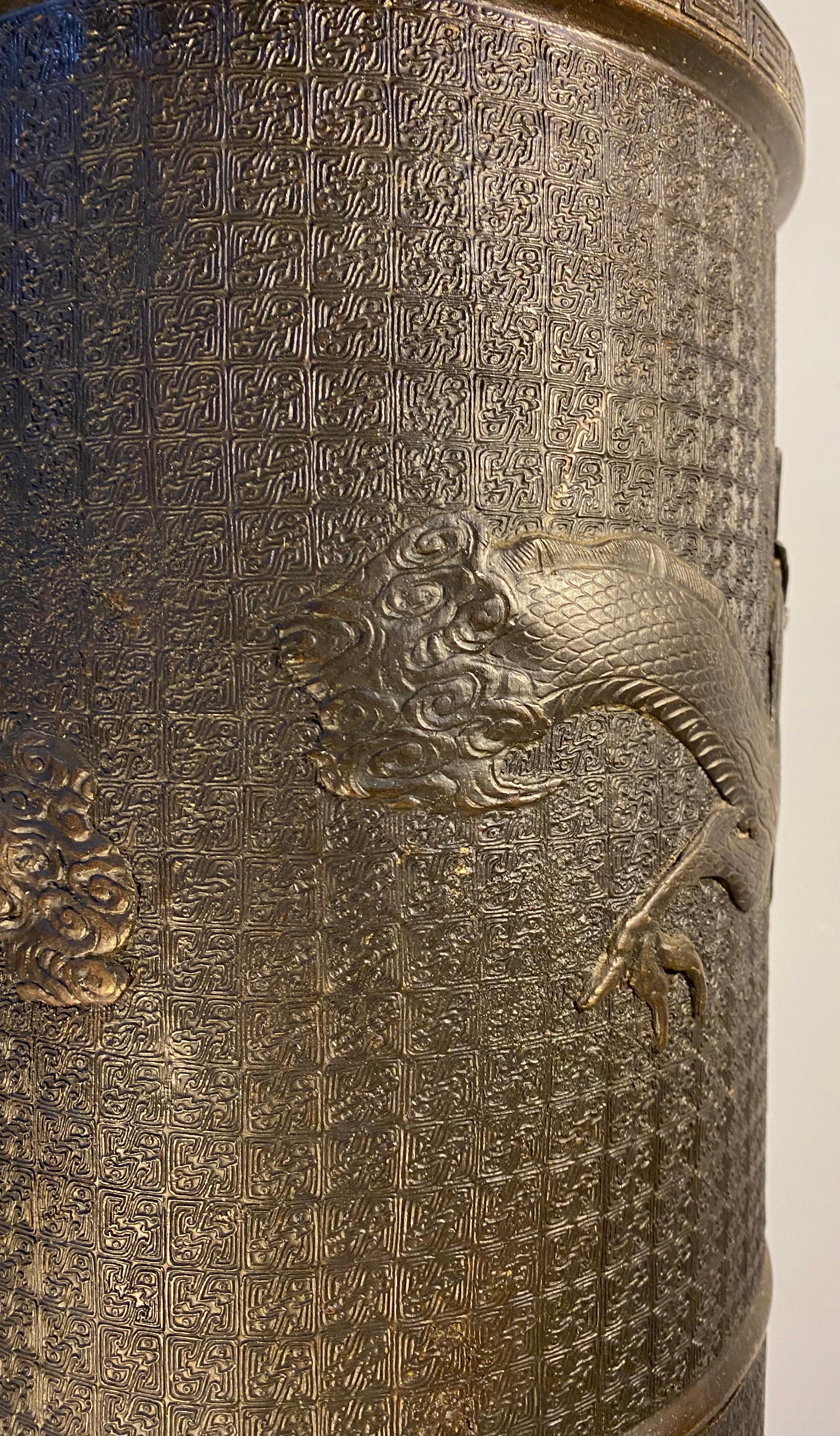Antique Cast Bronze Japanese Umbrella / Cane Stand with Dragon Motif 1
