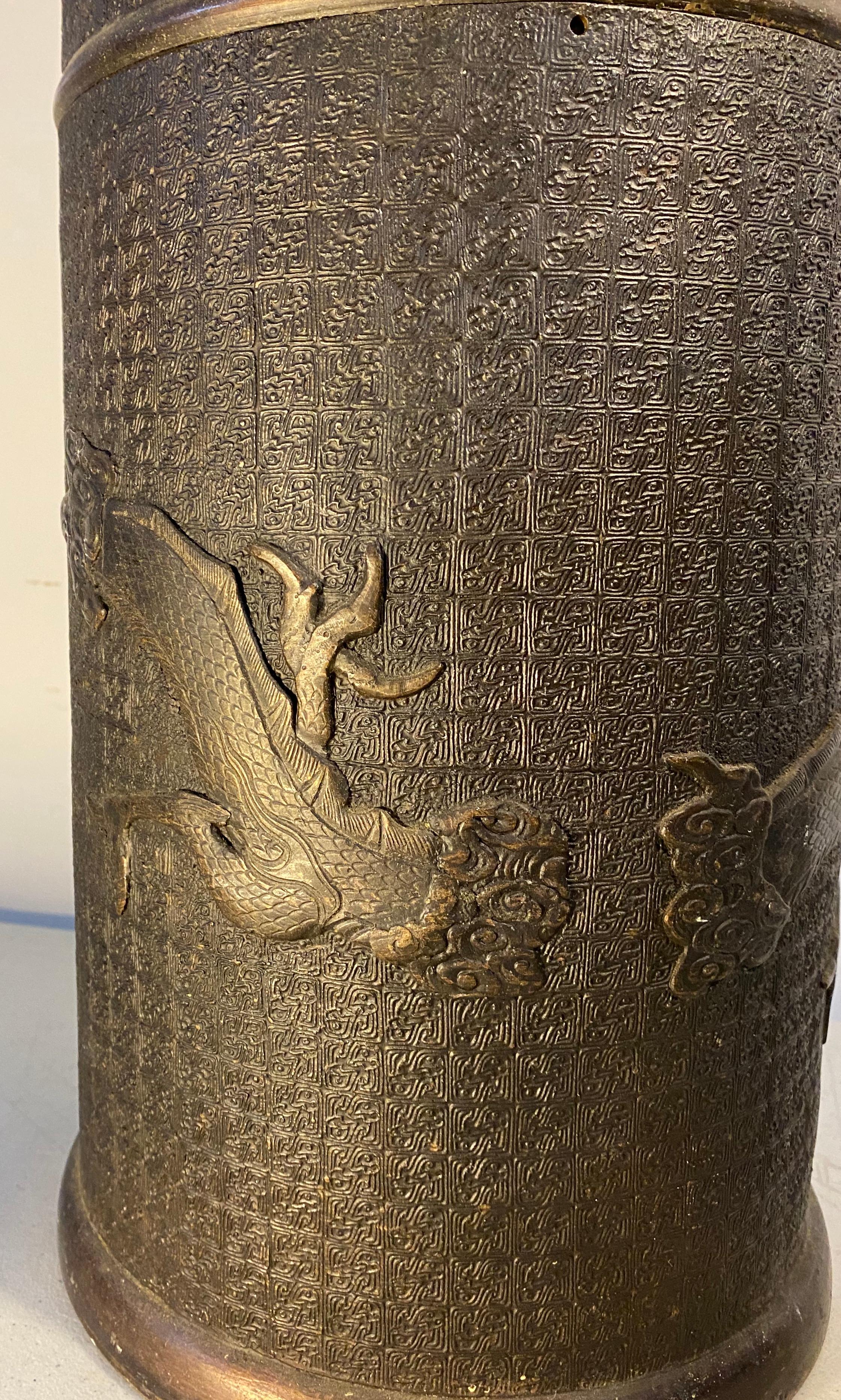 Antique Cast Bronze Japanese Umbrella / Cane Stand with Dragon Motif 2