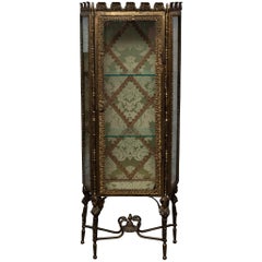 Antique Cast Bronze Jewelry Display Cabinet with Green Damask Silk Interior