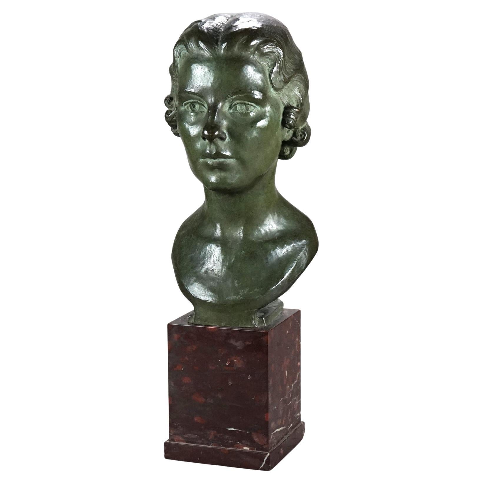 Antico busto in bronzo fuso "Marion" di Eleanor Mary Mellon su basamento in marmo C1936