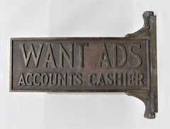 Antique Cast Bronze Newspaper Office Want Ad Accounts Cashier Flange Sign