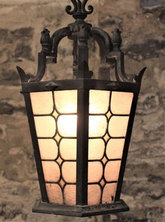 Antique Cast Bronze Outdoor Pendant Light Fixture with Stained Glass Panels