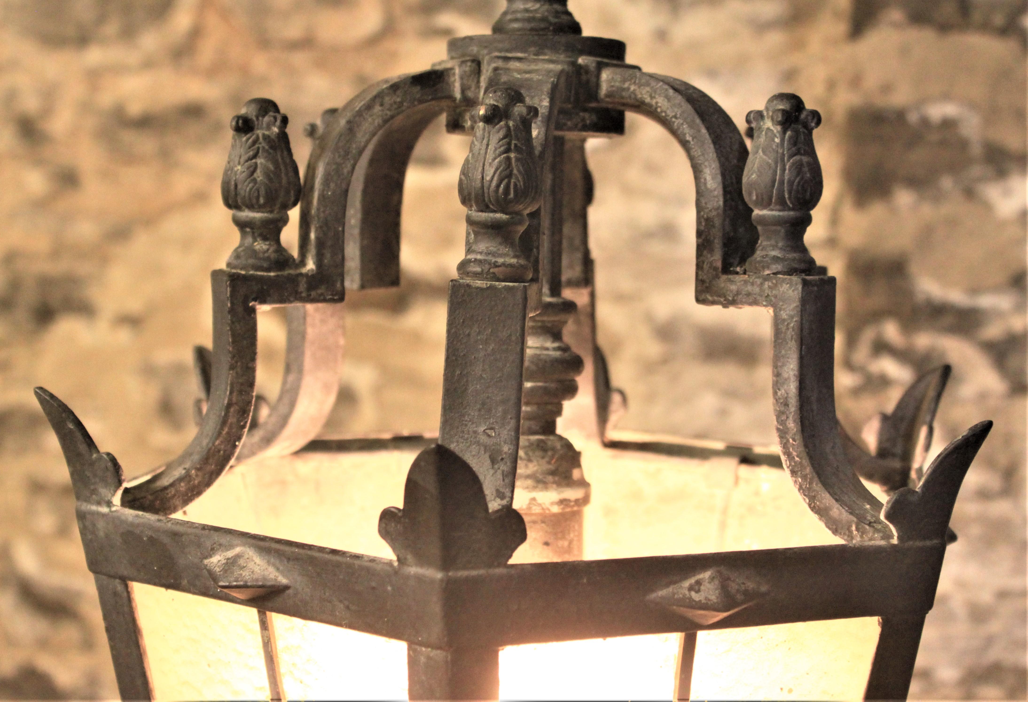 Edwardian Antique Cast Bronze Outdoor Pendant Light Fixture with Stained Glass Panels For Sale