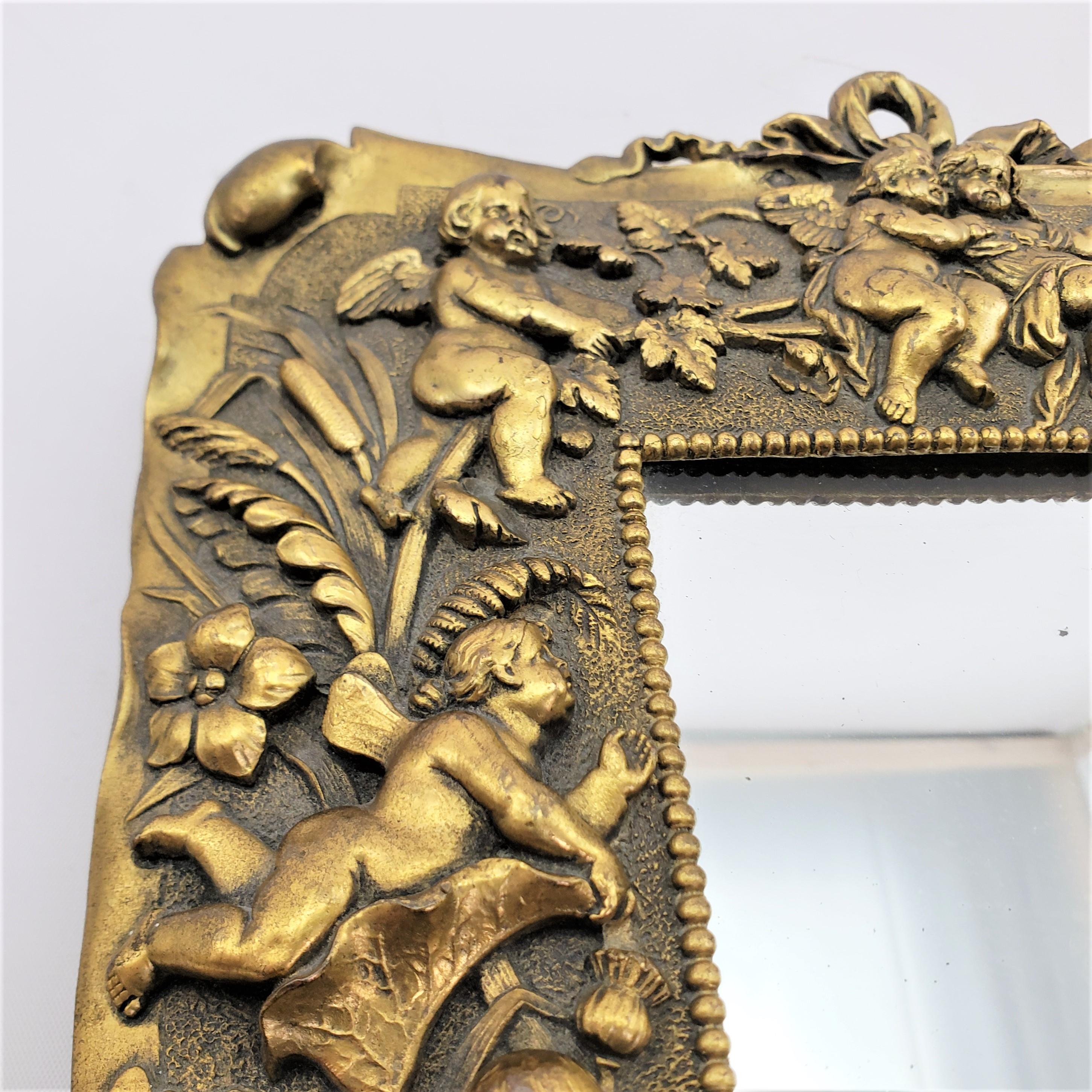 Antique Cast Bronze Table Mirror or Picture Frame with Cherubs & Floral Motif For Sale 2