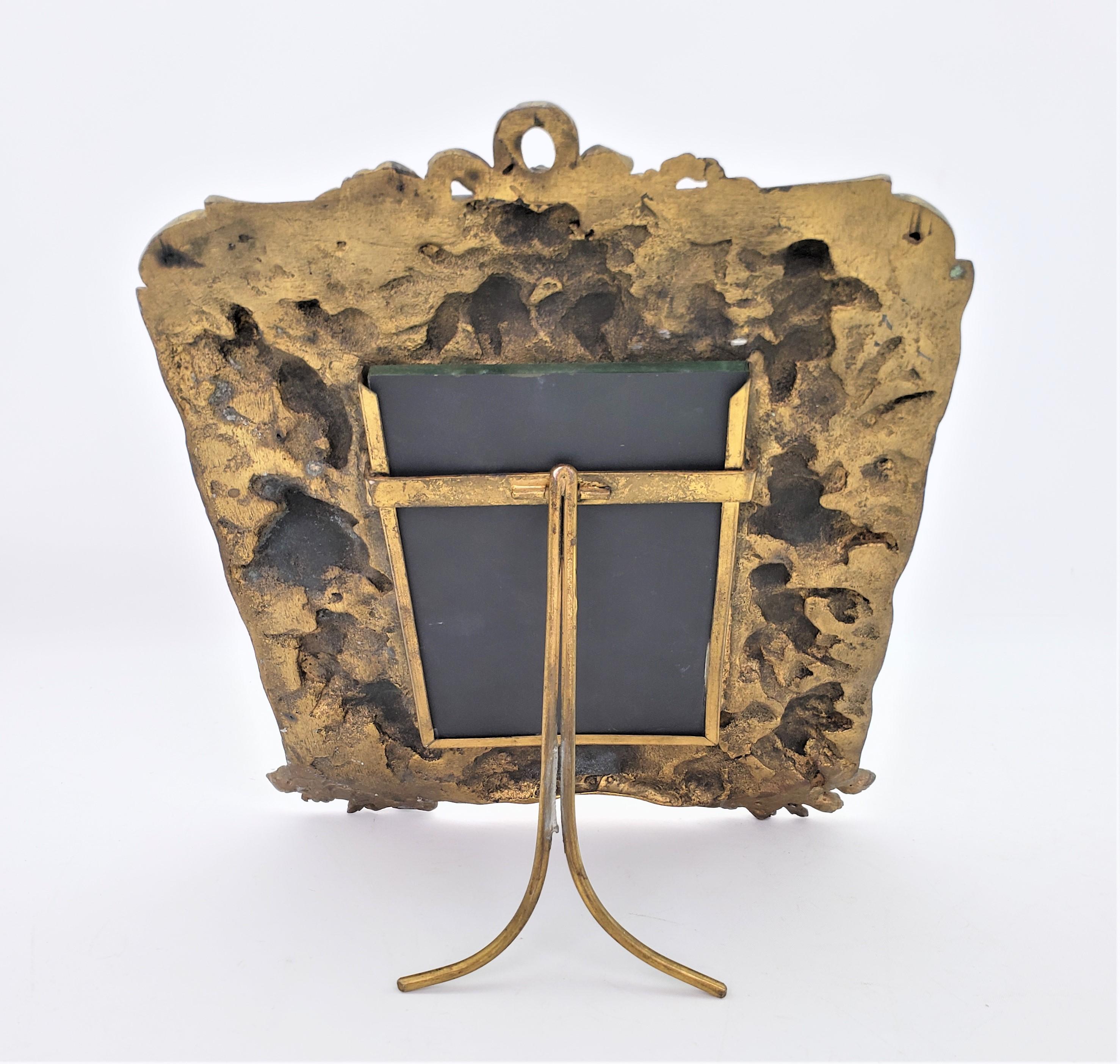 French Antique Cast Bronze Table Mirror or Picture Frame with Cherubs & Floral Motif For Sale