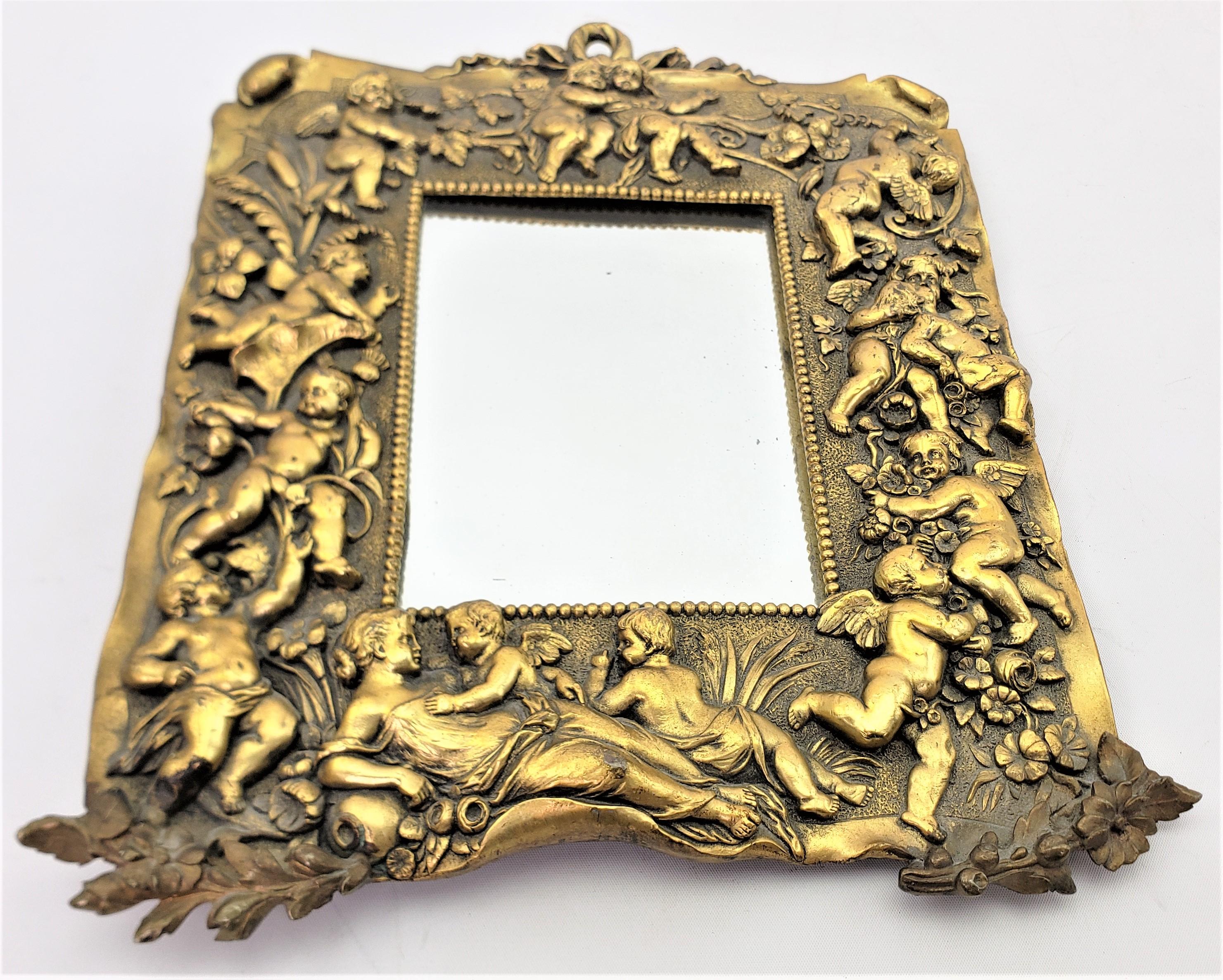 Antique Cast Bronze Table Mirror or Picture Frame with Cherubs & Floral Motif For Sale 1