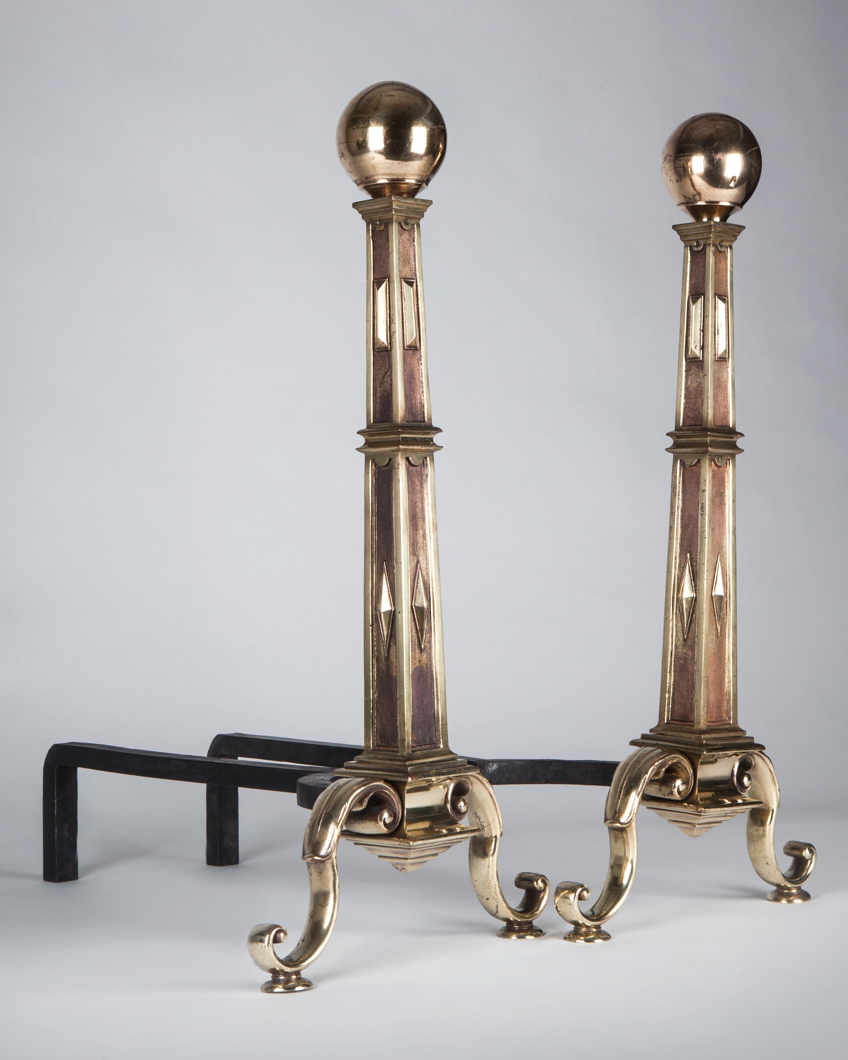 American Classical Cast Bronze Andirons with Tapered Square Columns and Ball Finials, Circa 1920s For Sale