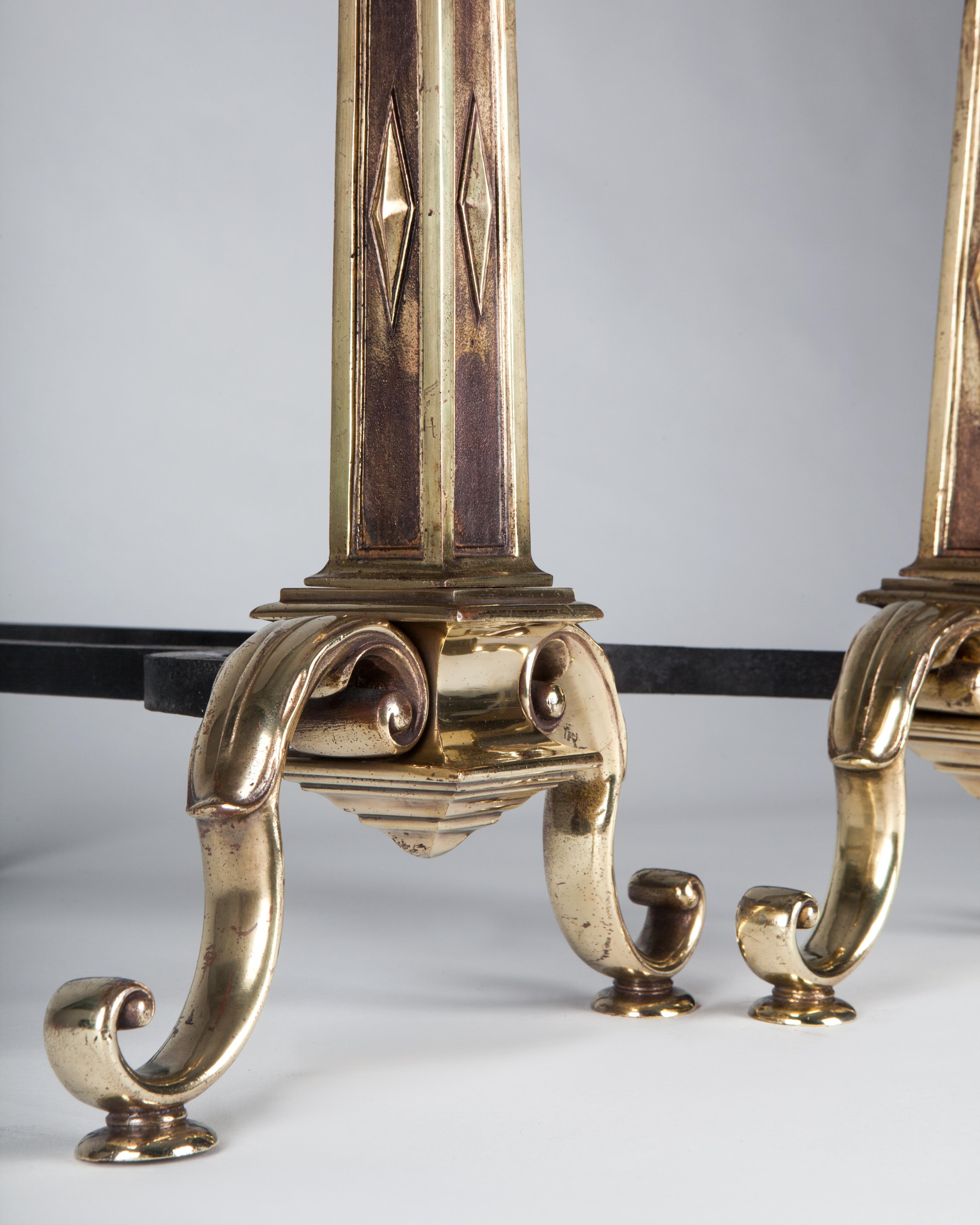 Blackened Cast Bronze Andirons with Tapered Square Columns and Ball Finials, Circa 1920s For Sale