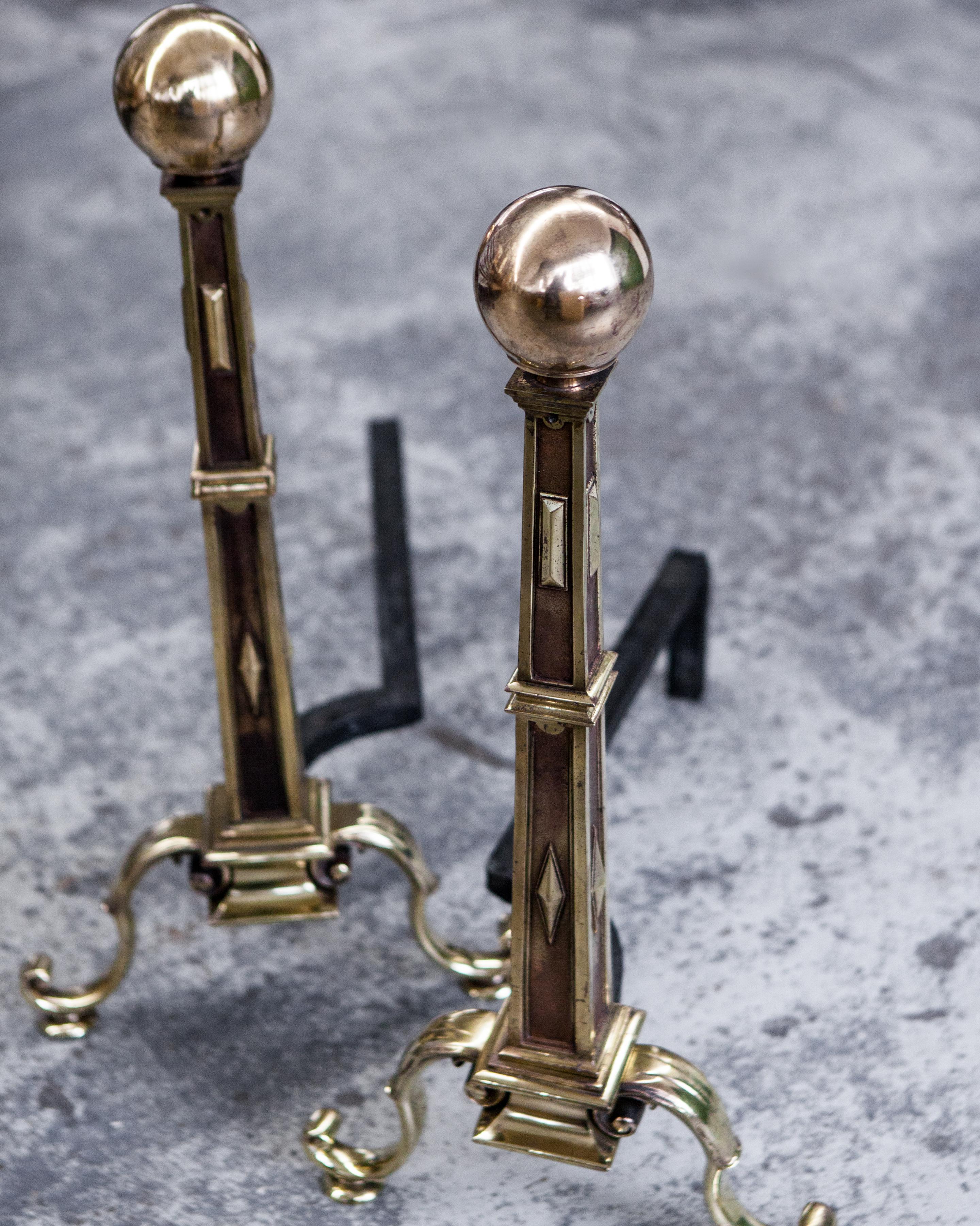 Cast Bronze Andirons with Tapered Square Columns and Ball Finials, Circa 1920s In Good Condition For Sale In New York, NY