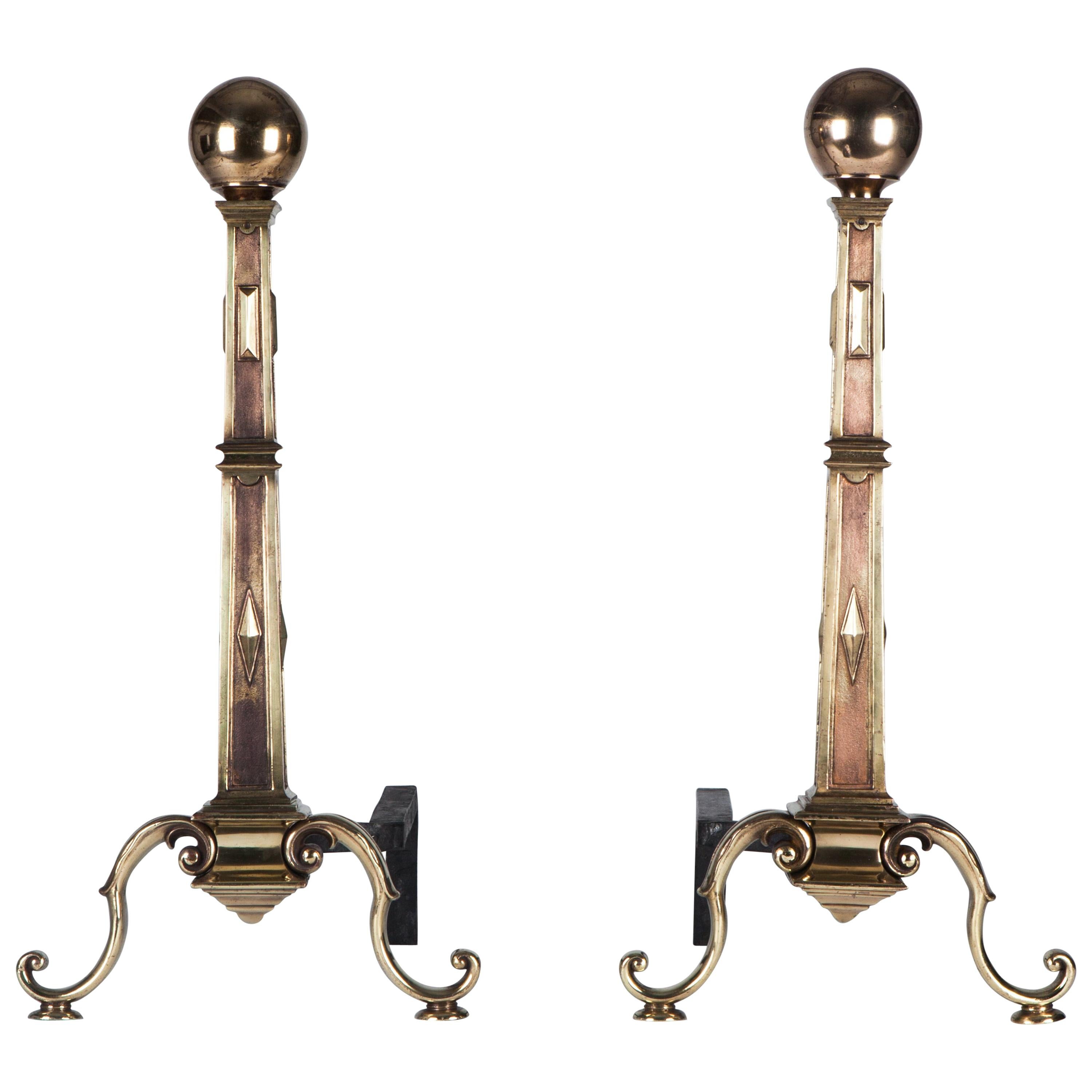 Cast Bronze Andirons with Tapered Square Columns and Ball Finials, Circa 1920s