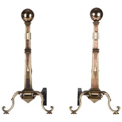 Cast Bronze Andirons with Tapered Square Columns and Ball Finials, Circa 1920s
