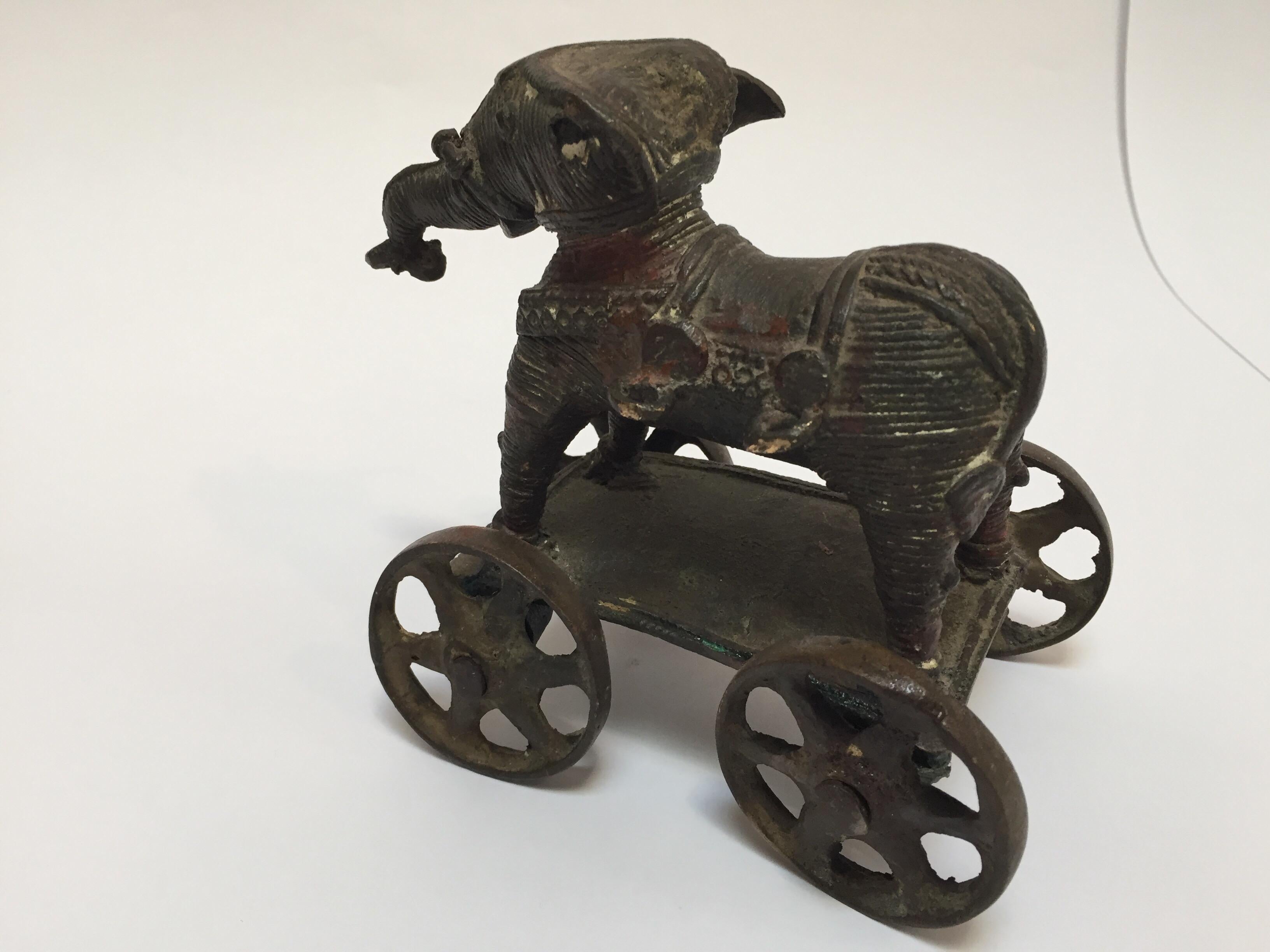Antique Cast Bronze Temple Toy Elephant on Wheels India 4