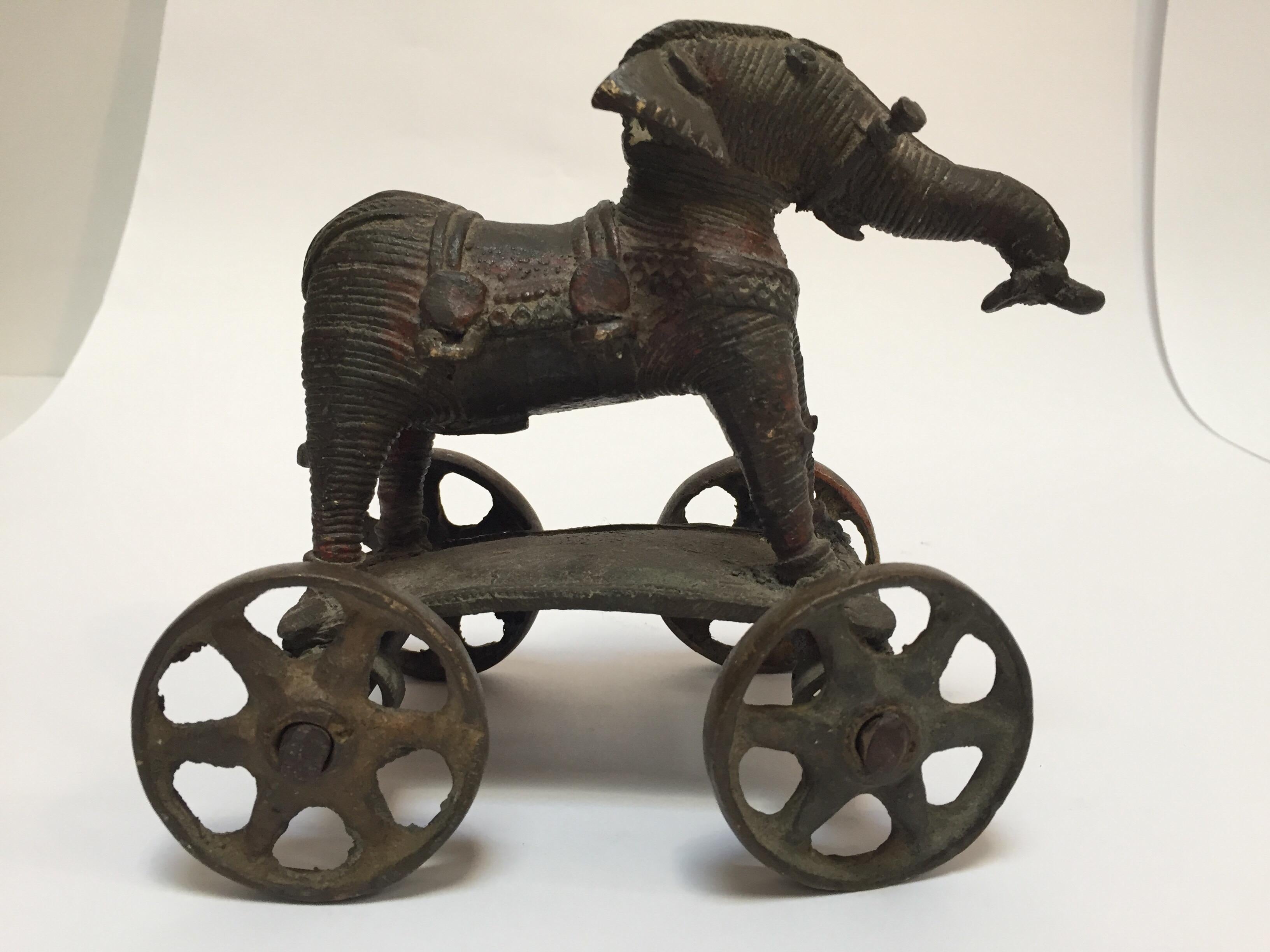 Antique Cast Bronze Temple Toy Elephant on Wheels India 6