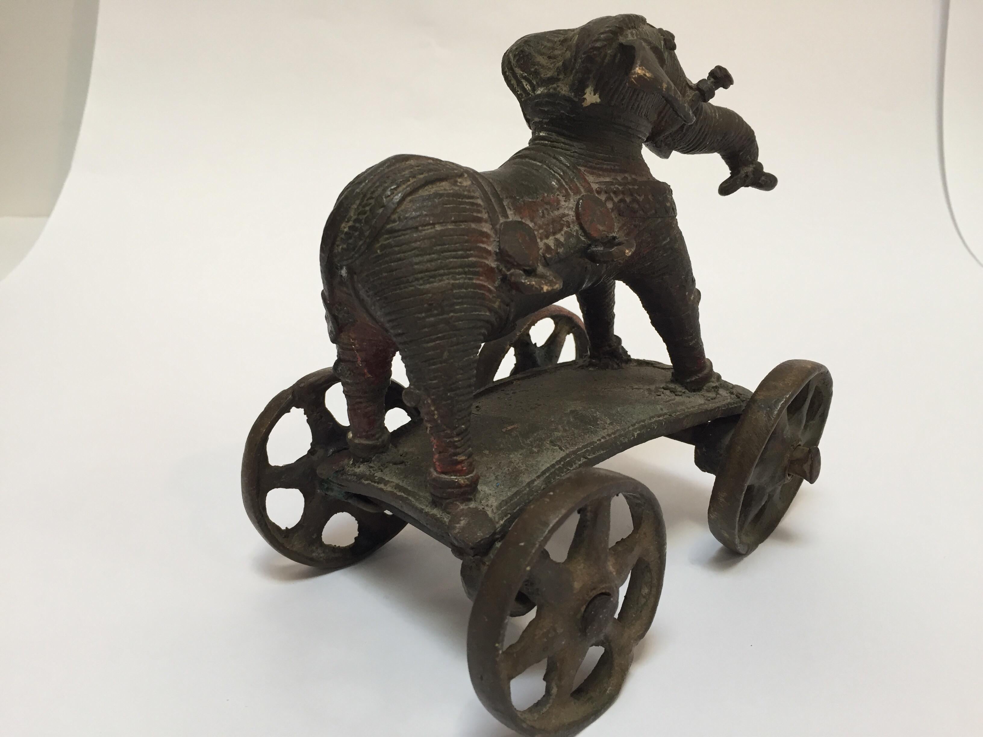 Antique Cast Bronze Temple Toy Elephant on Wheels India 7