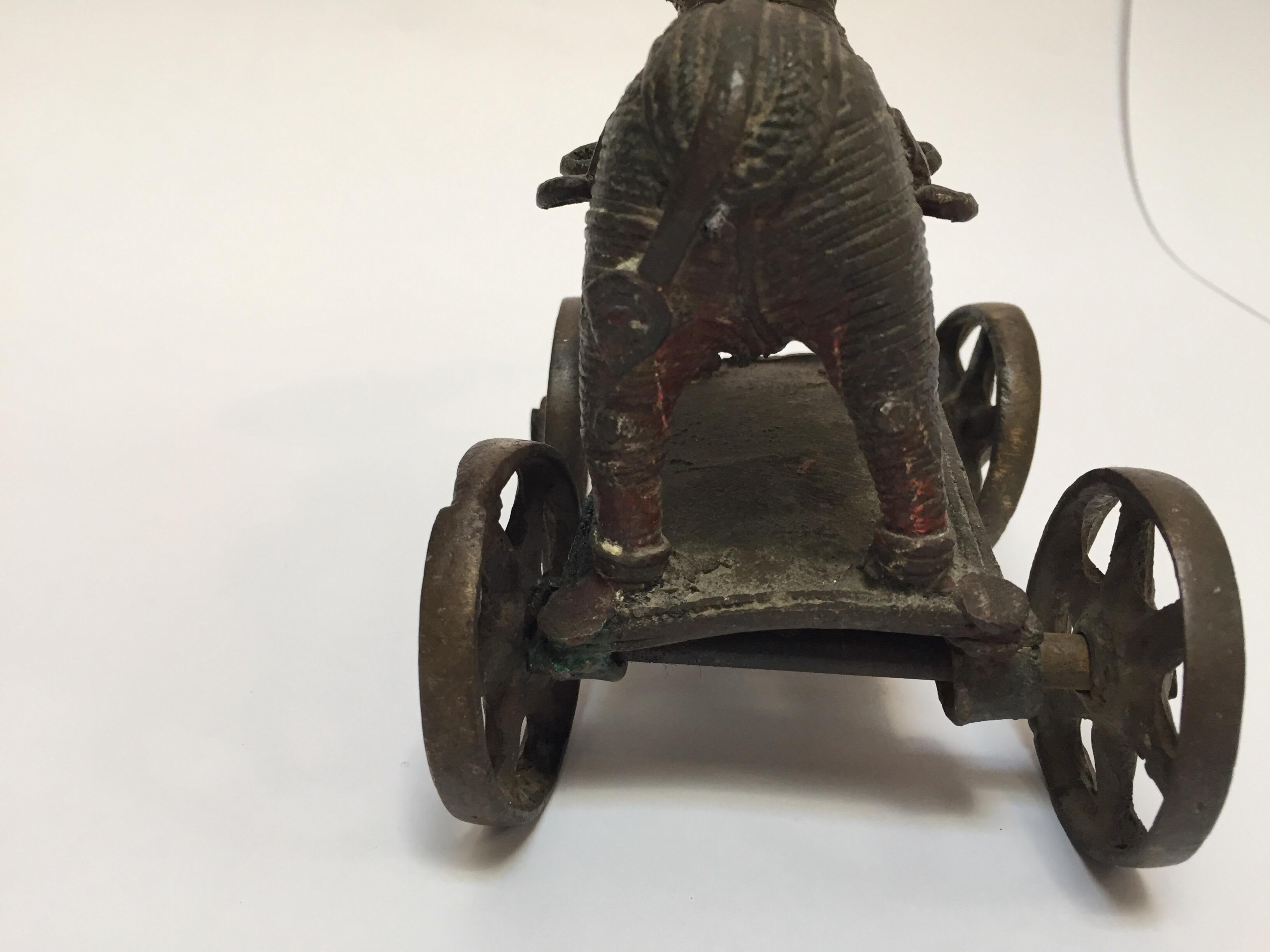 Antique Cast Bronze Temple Toy Elephant on Wheels India 8