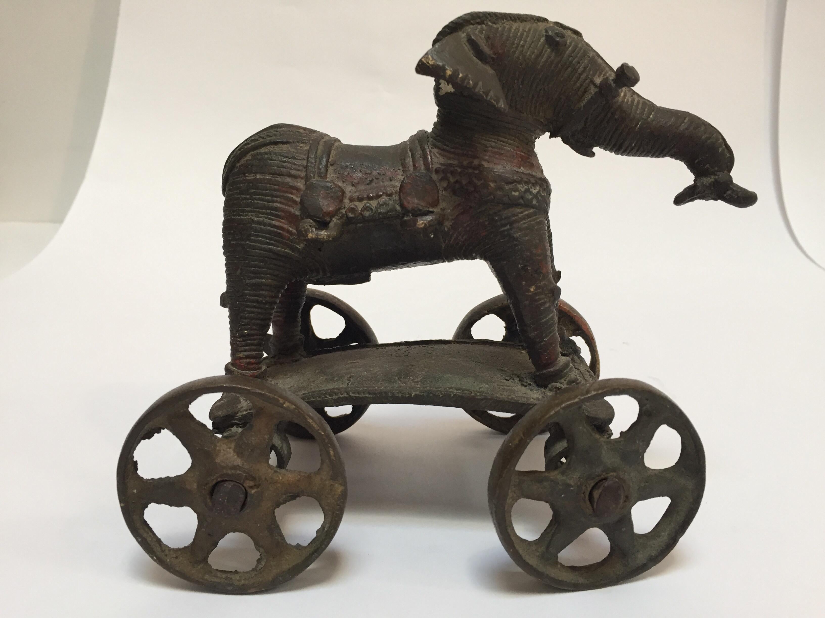 Antique Cast Bronze Temple Toy Elephant on Wheels India 9