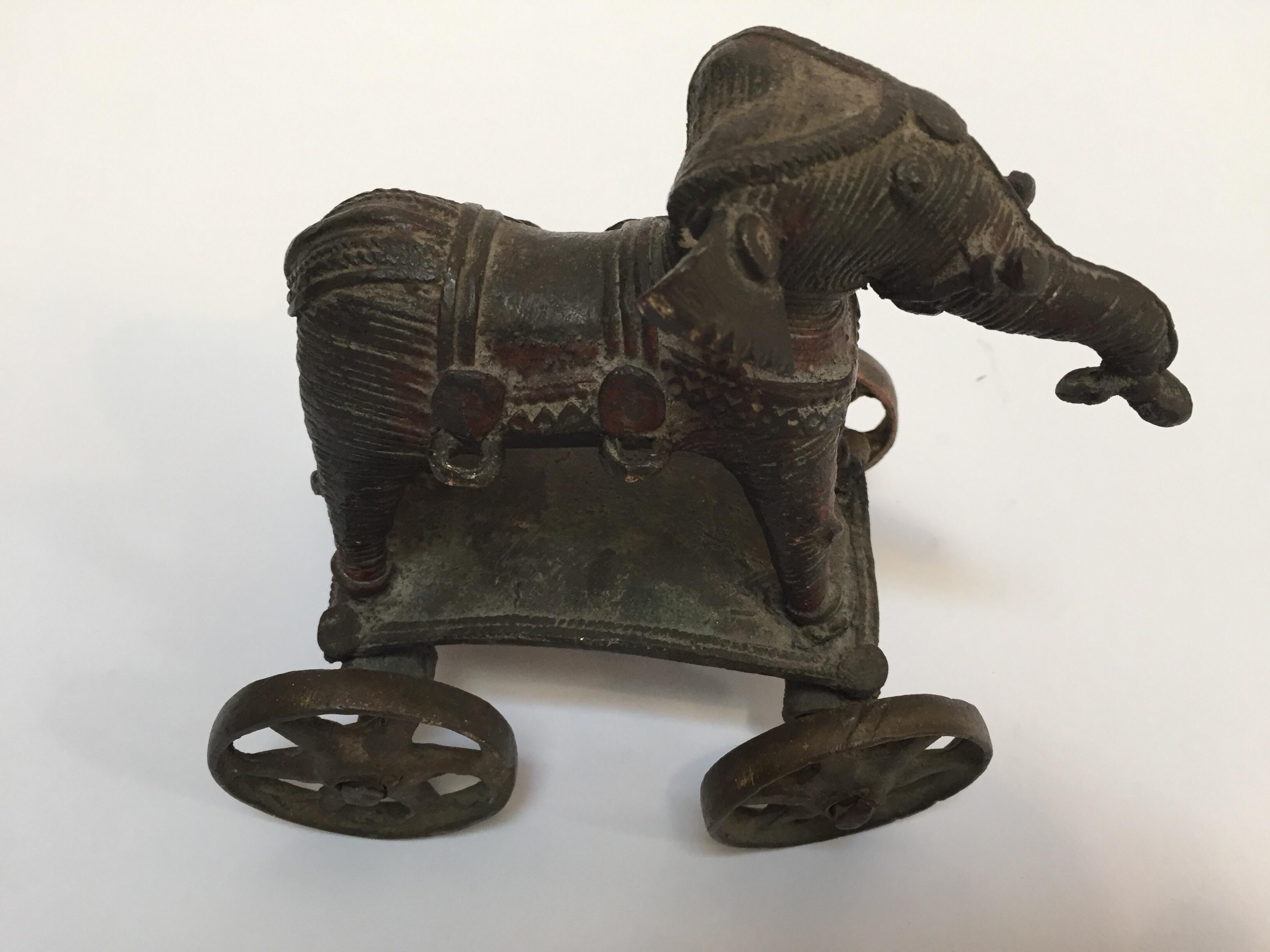 Antique Cast Bronze Temple Toy Elephant on Wheels India 10