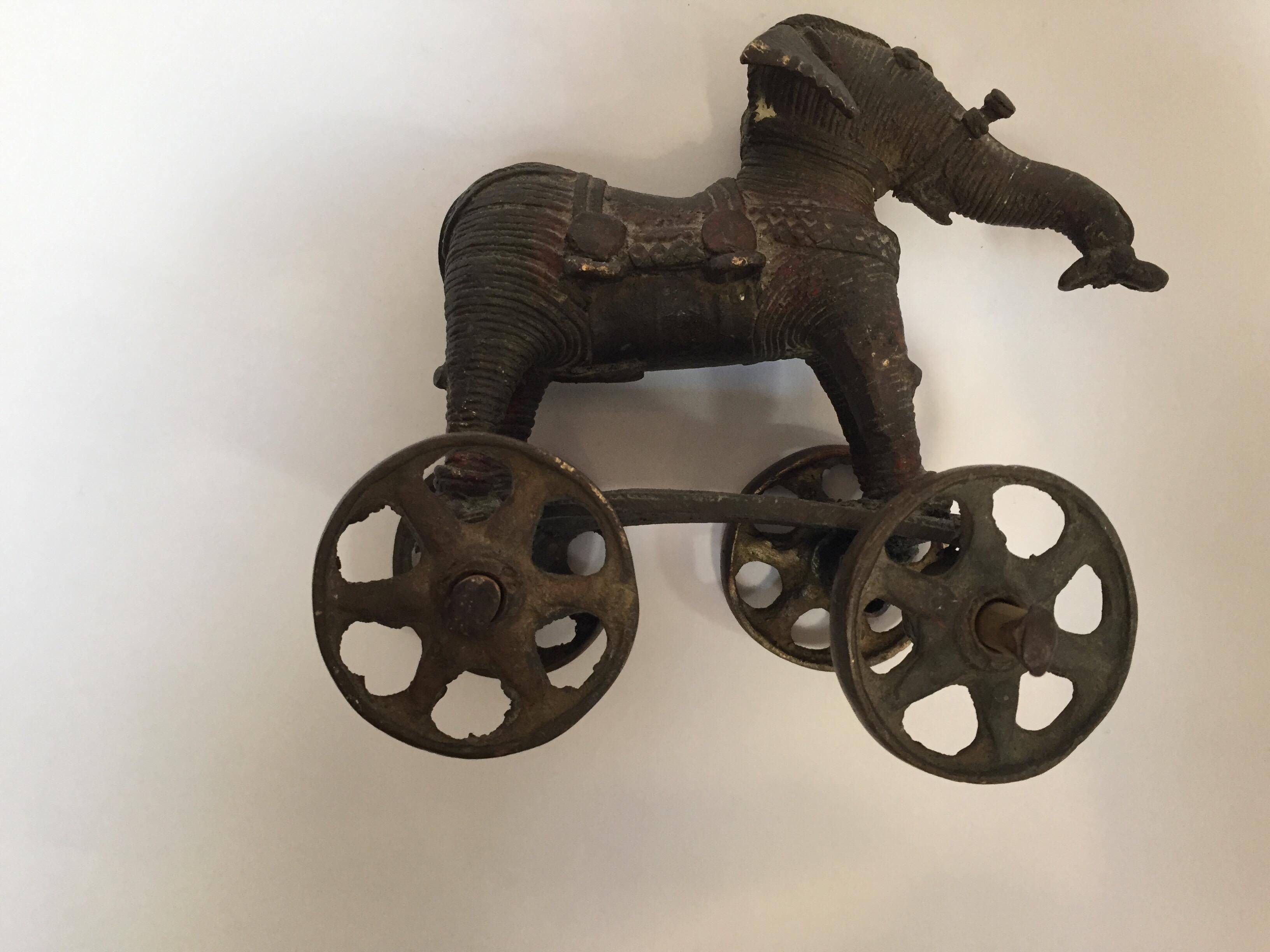 Antique Cast Bronze Temple Toy Elephant on Wheels India 12