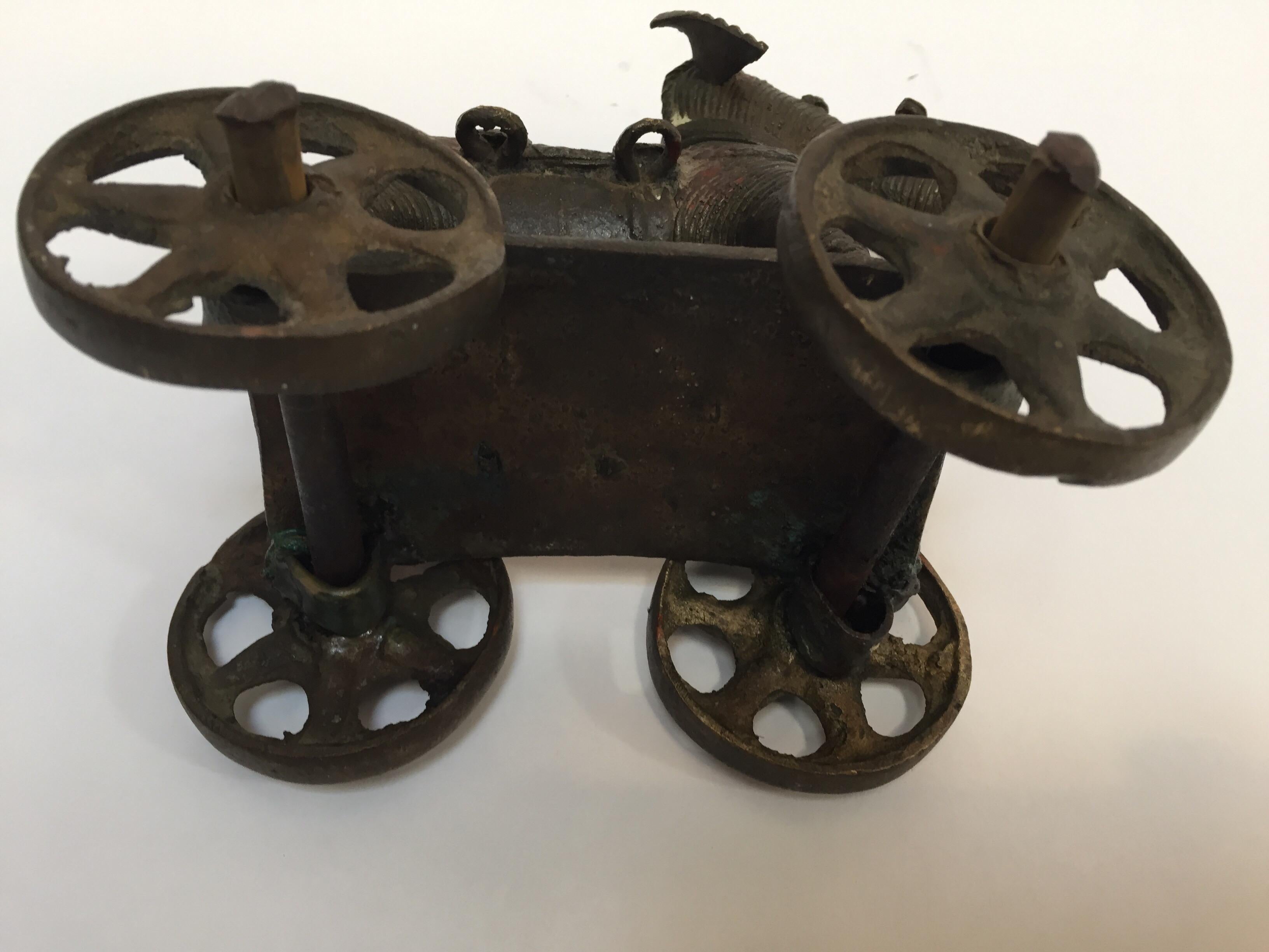 Antique Cast Bronze Temple Toy Elephant on Wheels India 13