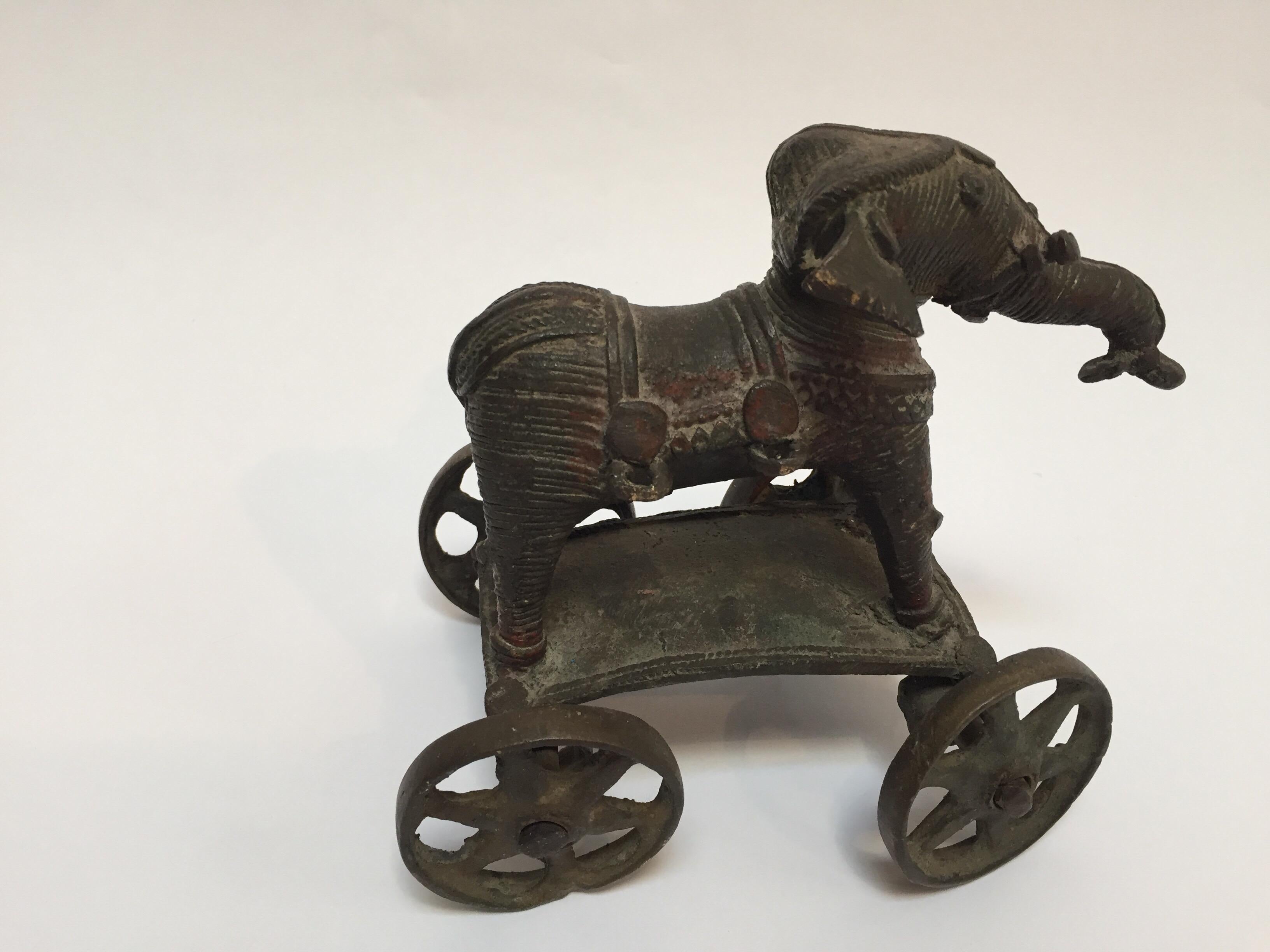 Tribal Antique Cast Bronze Temple Toy Elephant on Wheels India