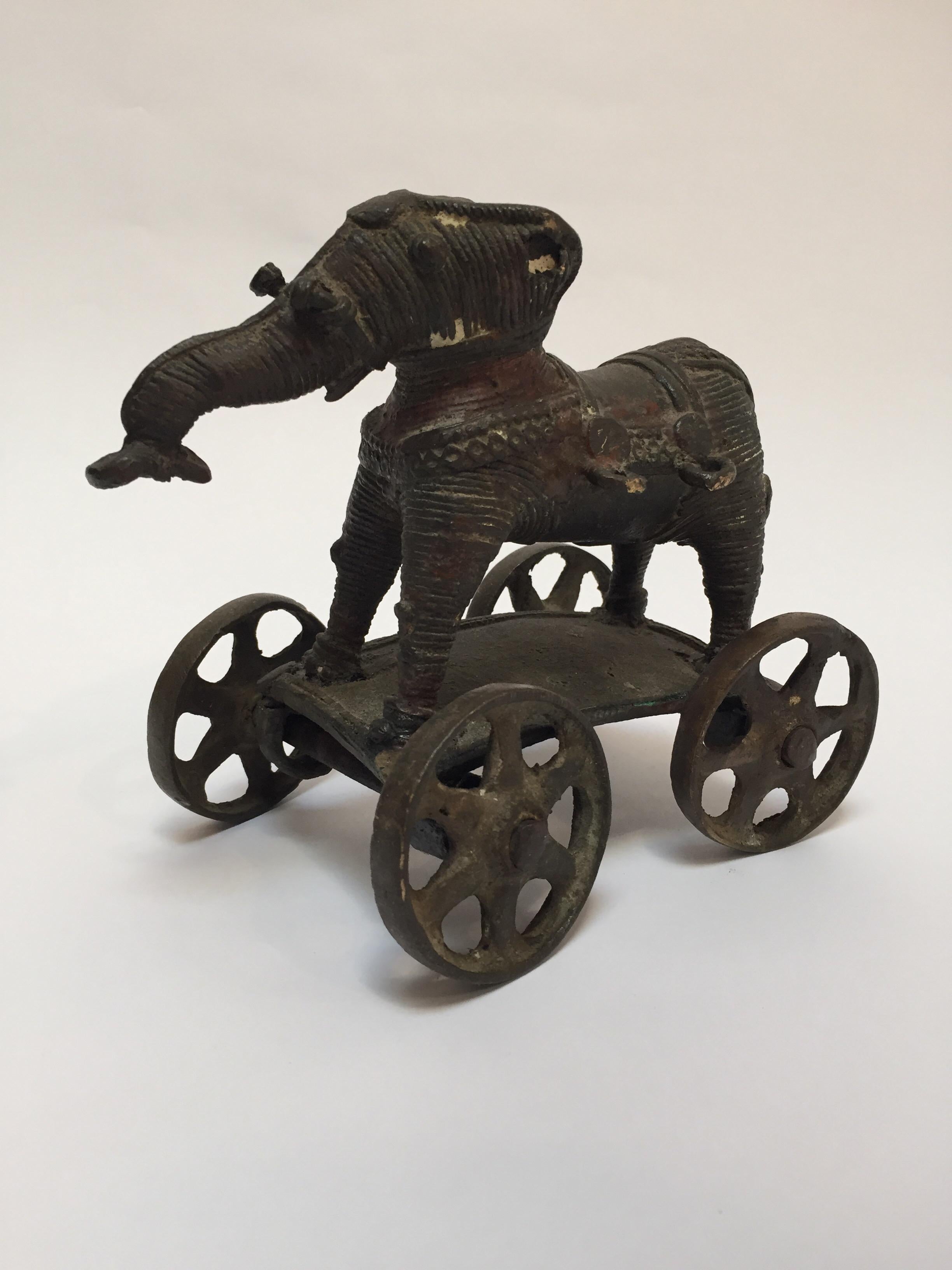 Indian Antique Cast Bronze Temple Toy Elephant on Wheels India