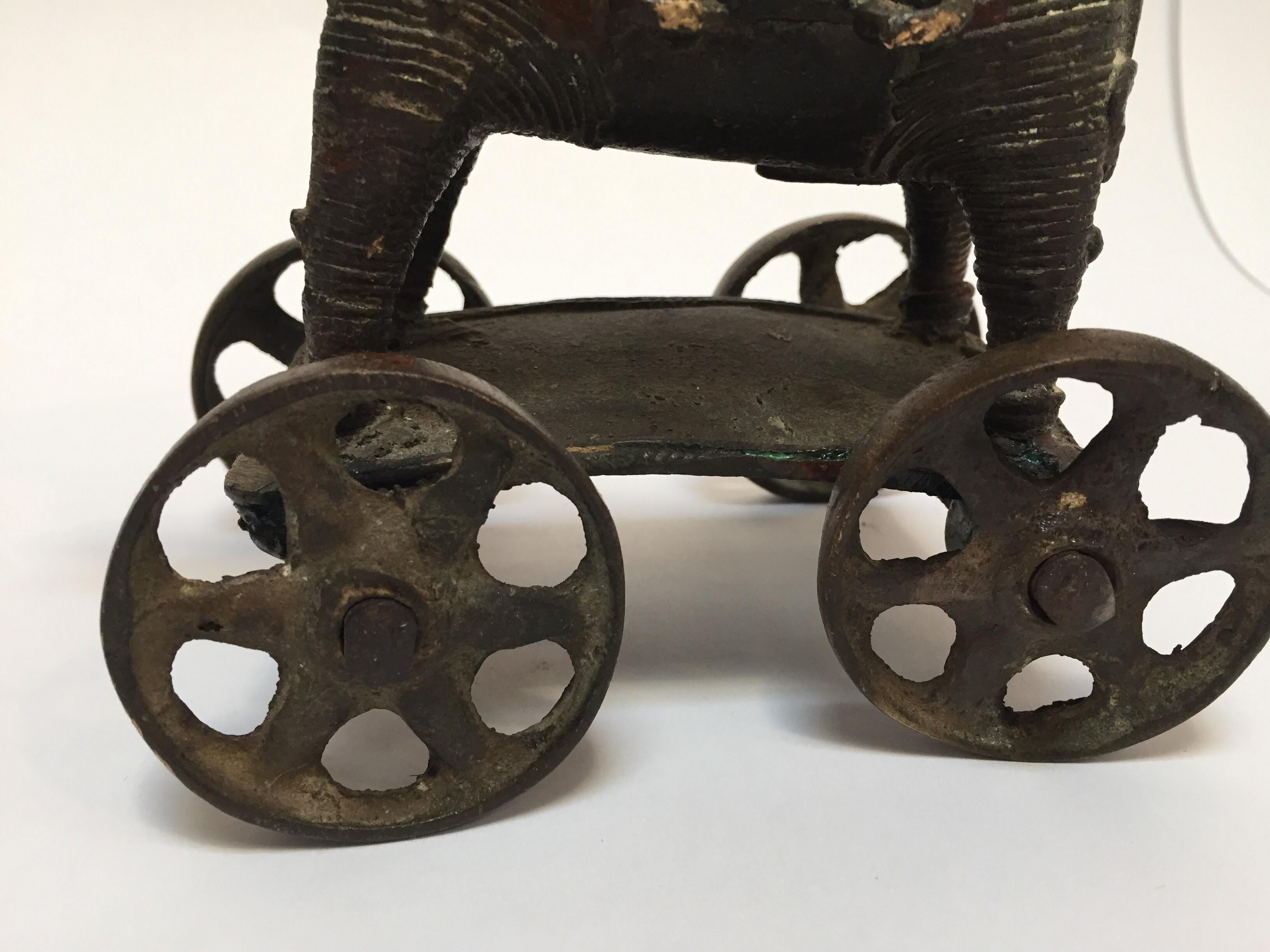 19th Century Antique Cast Bronze Temple Toy Elephant on Wheels India