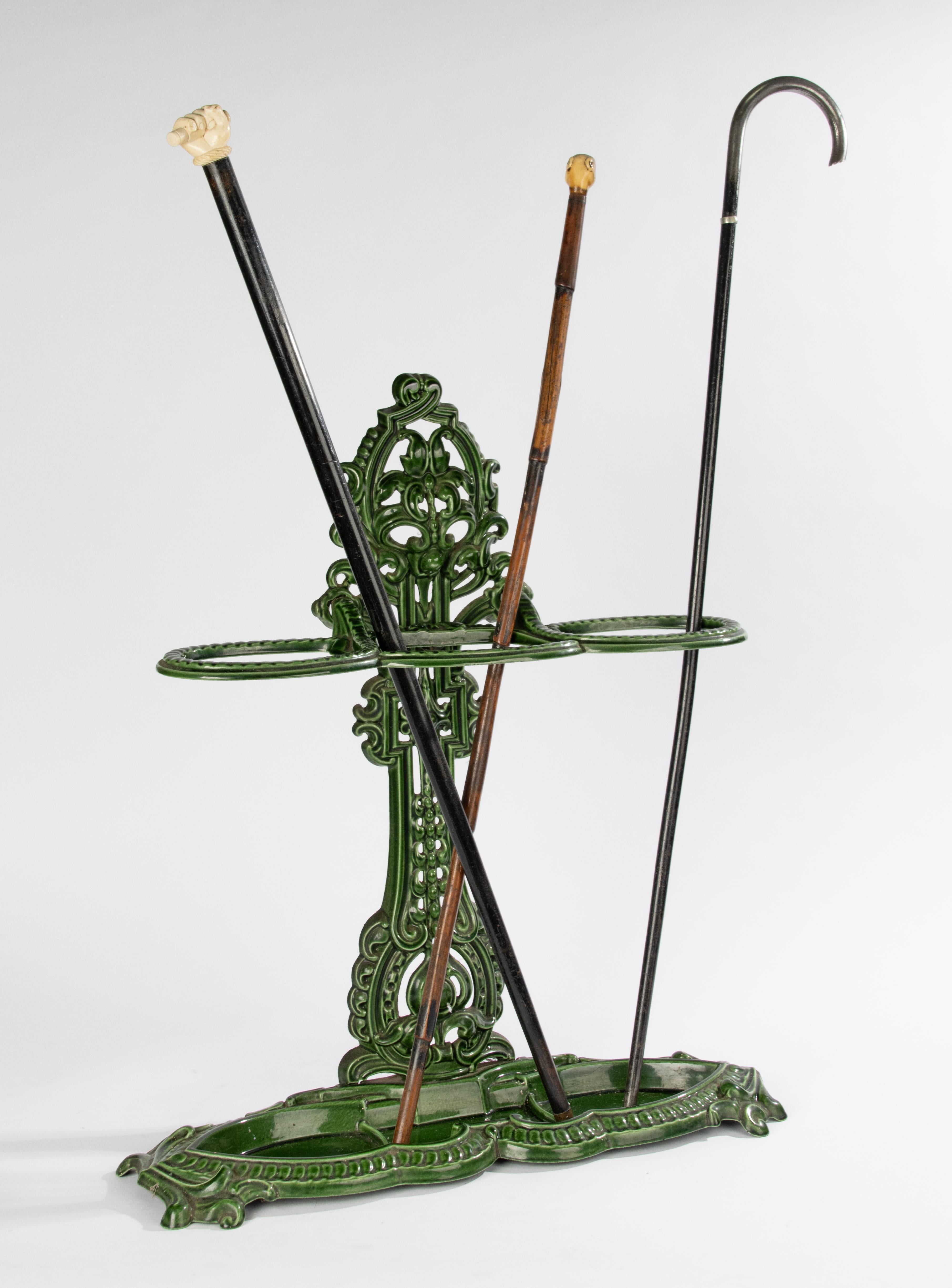 Antique Cast Green Enameled Iron Umbrella/Cane stand For Sale 7