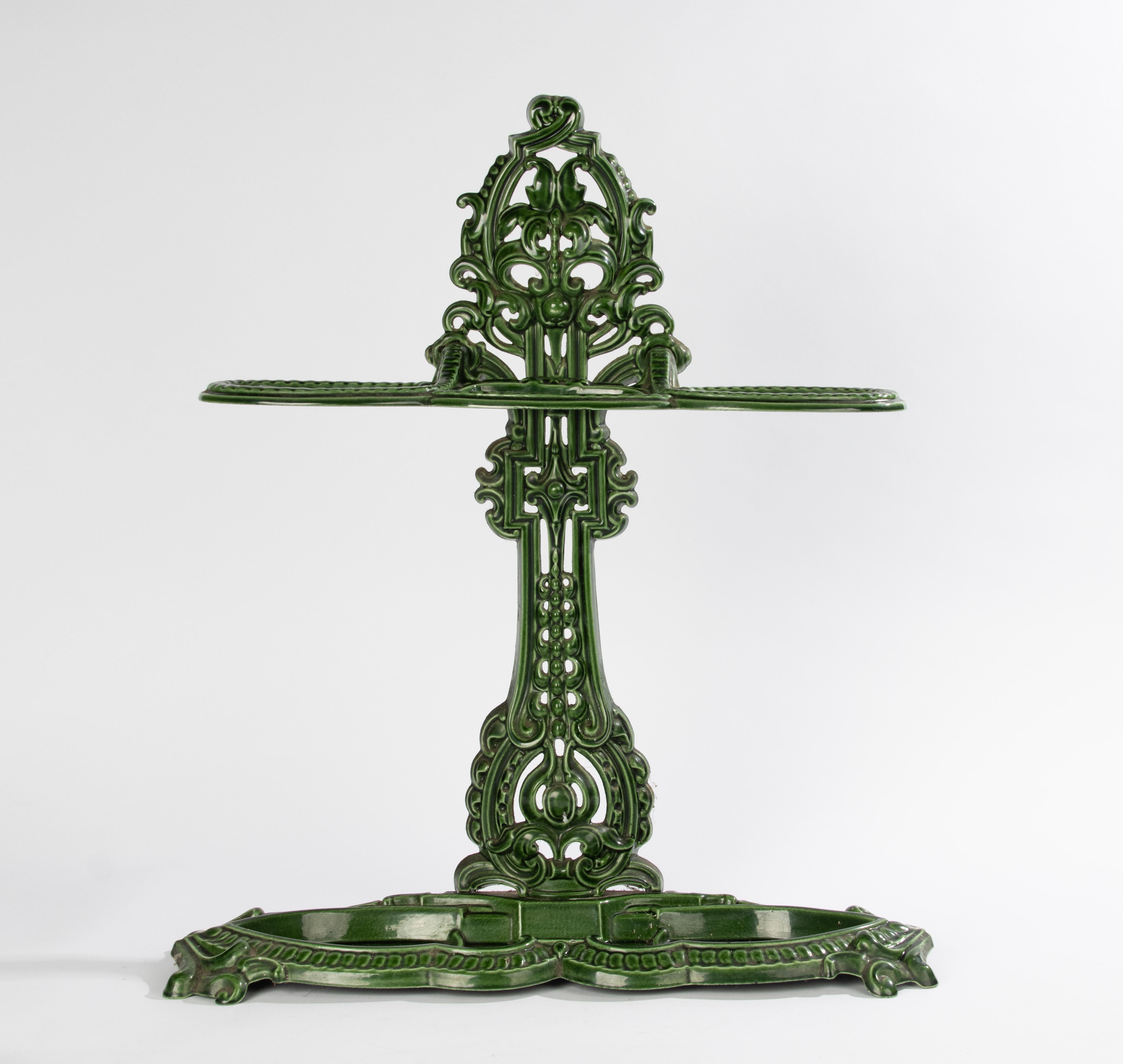 Belle Époque Antique Cast Green Enameled Iron Umbrella/Cane stand For Sale