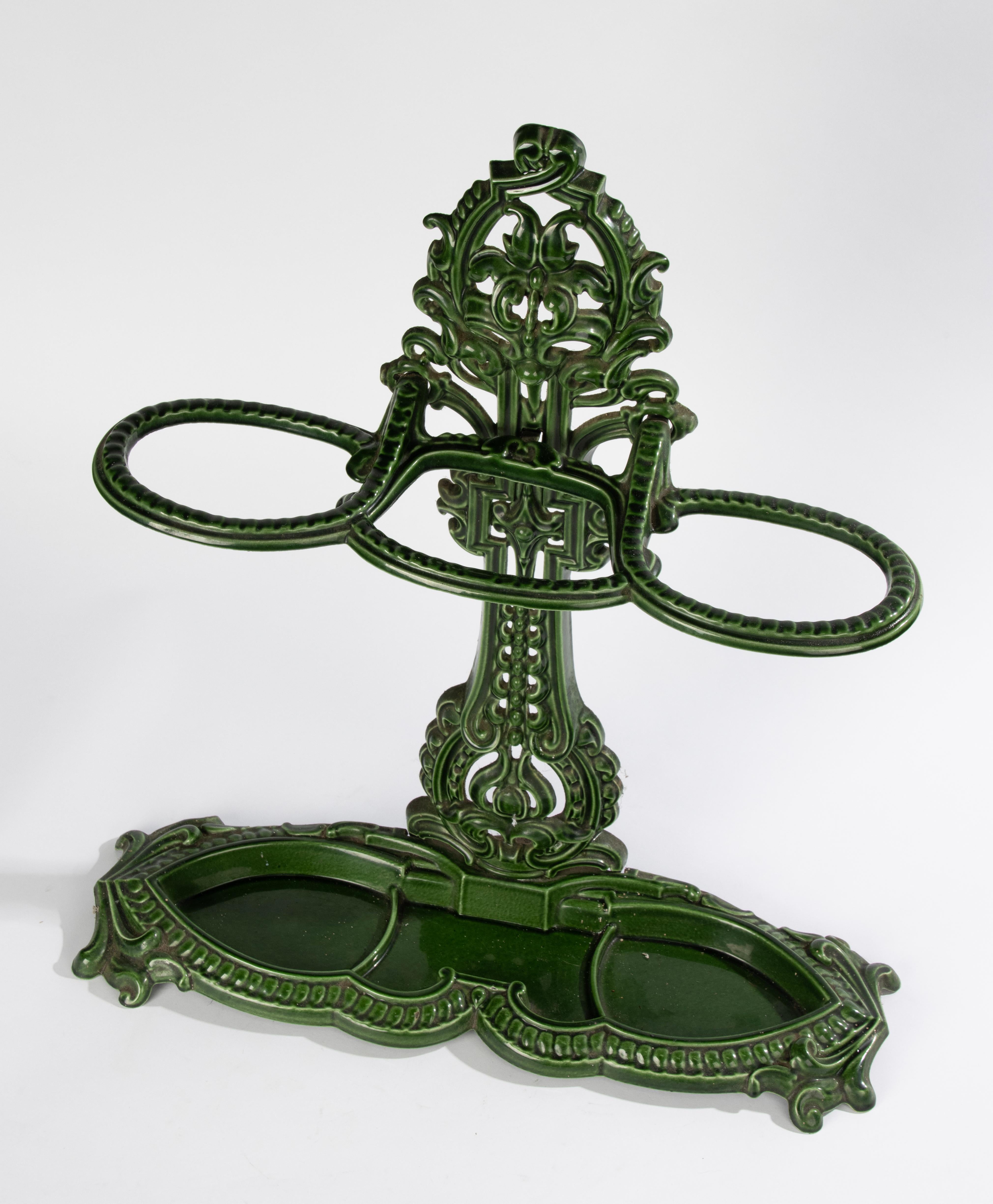 Early 20th Century Antique Cast Green Enameled Iron Umbrella/Cane stand For Sale