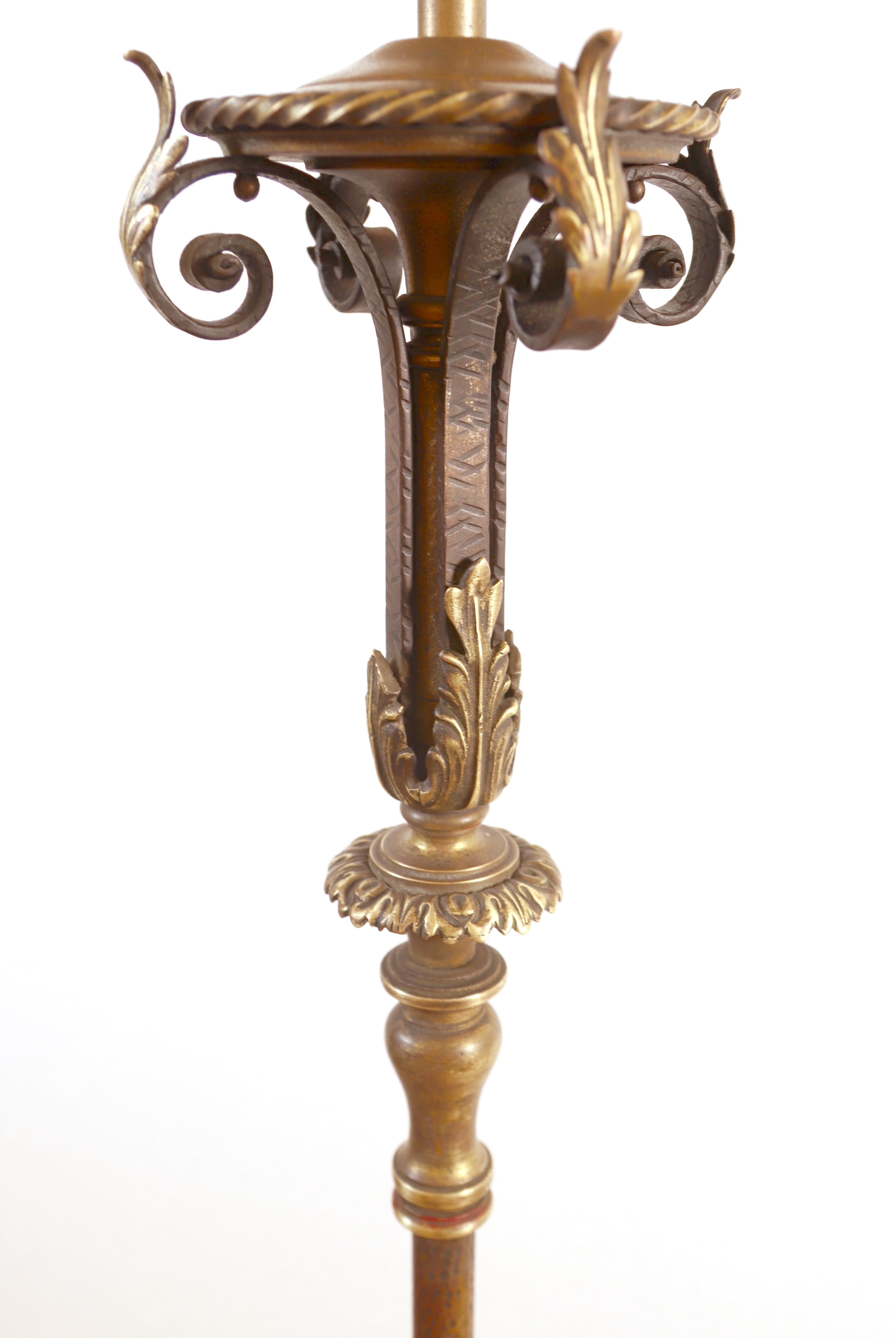 Antique Cast Hammered Brass Floor Lamp w Wrought Iron Base 1