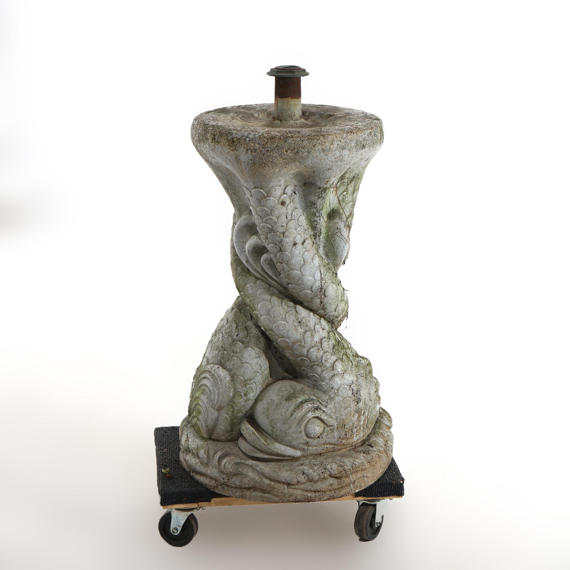 ***Ask About Lower In-House Shipping Rates - Reliable Service & Fully Insured***
An Antique Cast Hard Stone Figural Dolphin Garden Fountain Base C1930.

Measures - 30