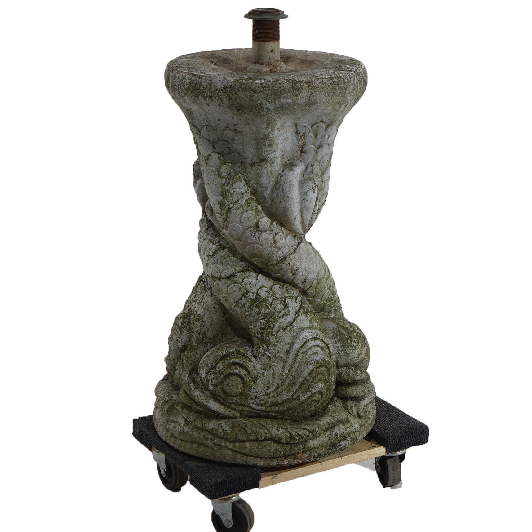 20th Century Antique Cast Hard Stone Figural Dolphin Garden Fountain Base C1930 For Sale